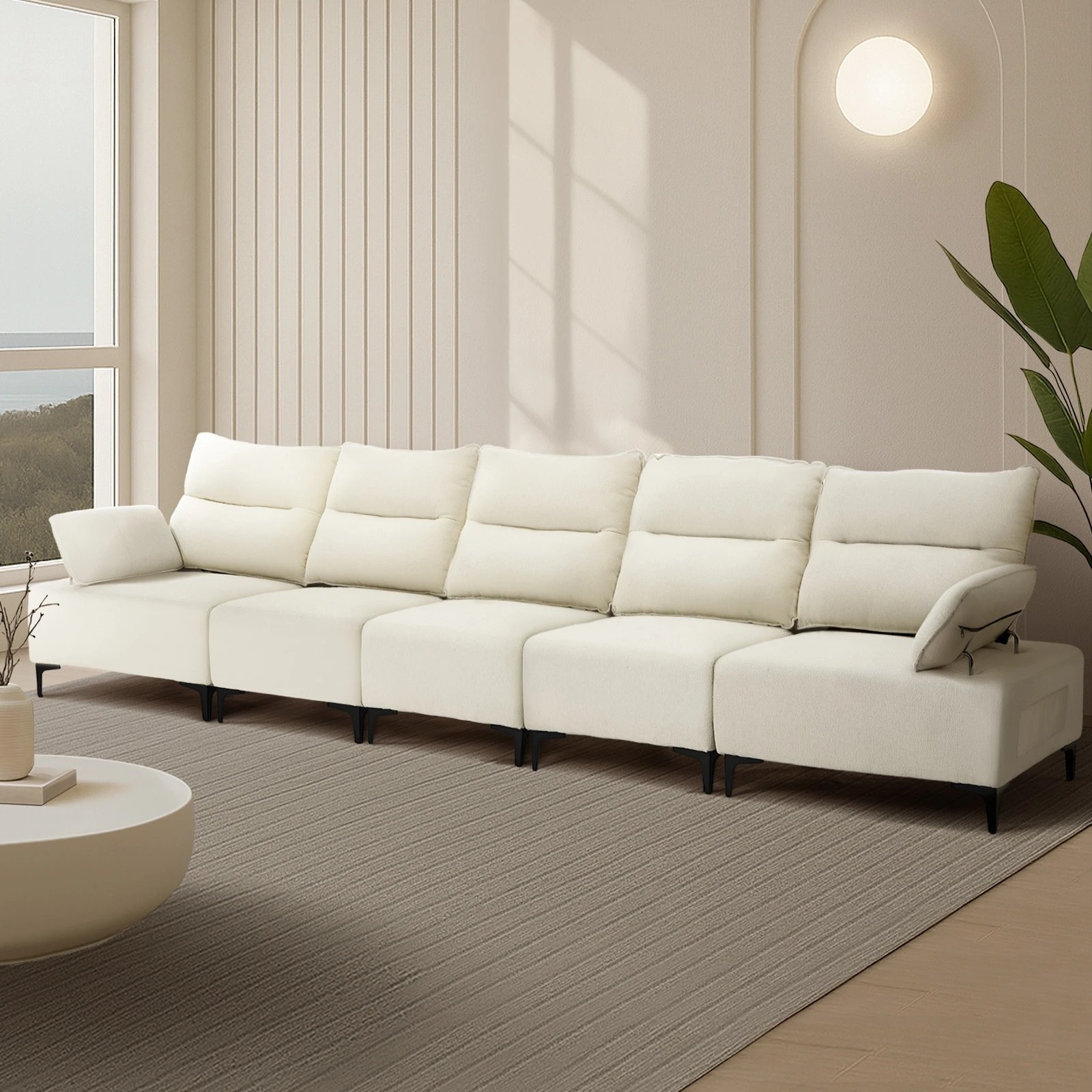 2 Oikiture 5 Seater Couch Sofa Chenille Adjustable Armrest - Beige, 2 of 10