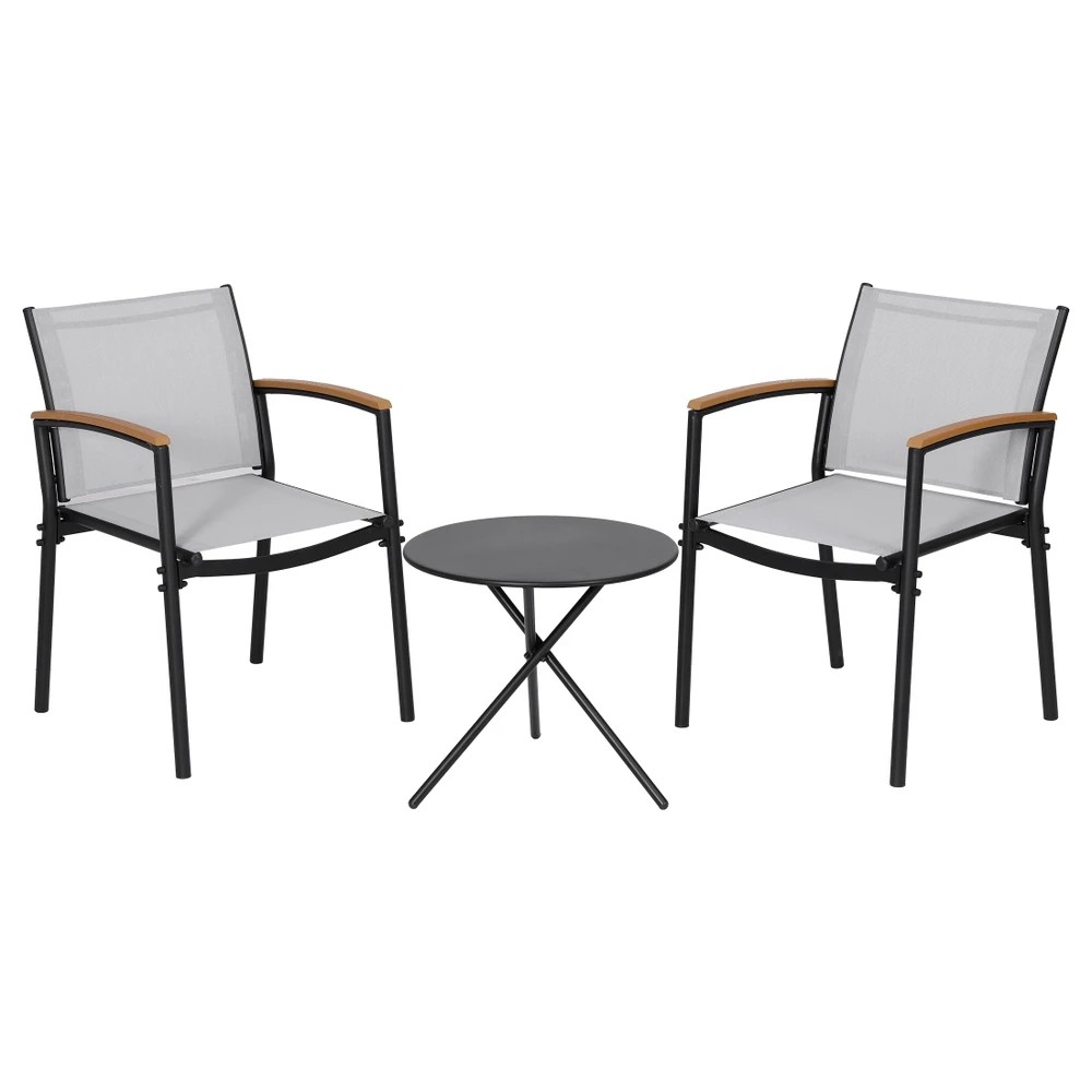1 Gardeon 3PC Outdoor Bistro Set Table and Chairs Steel Dining Chair Patio - Grey, 1 of 6