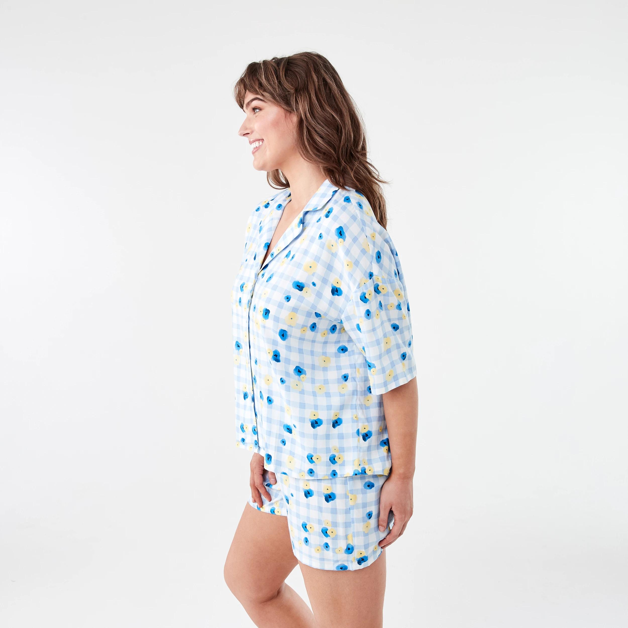 2 Short Sleeve Top and Shorts Woven Boxy Pyjama Set PANSY GINGHAM HALOGEN BLUE, 2 of 7