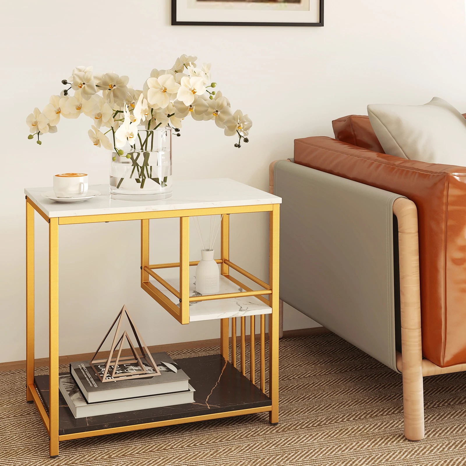 2 Costway Side Coffee Table Sofa End Table Faux Marble Bedside Table w/Shelf, 2 of 5