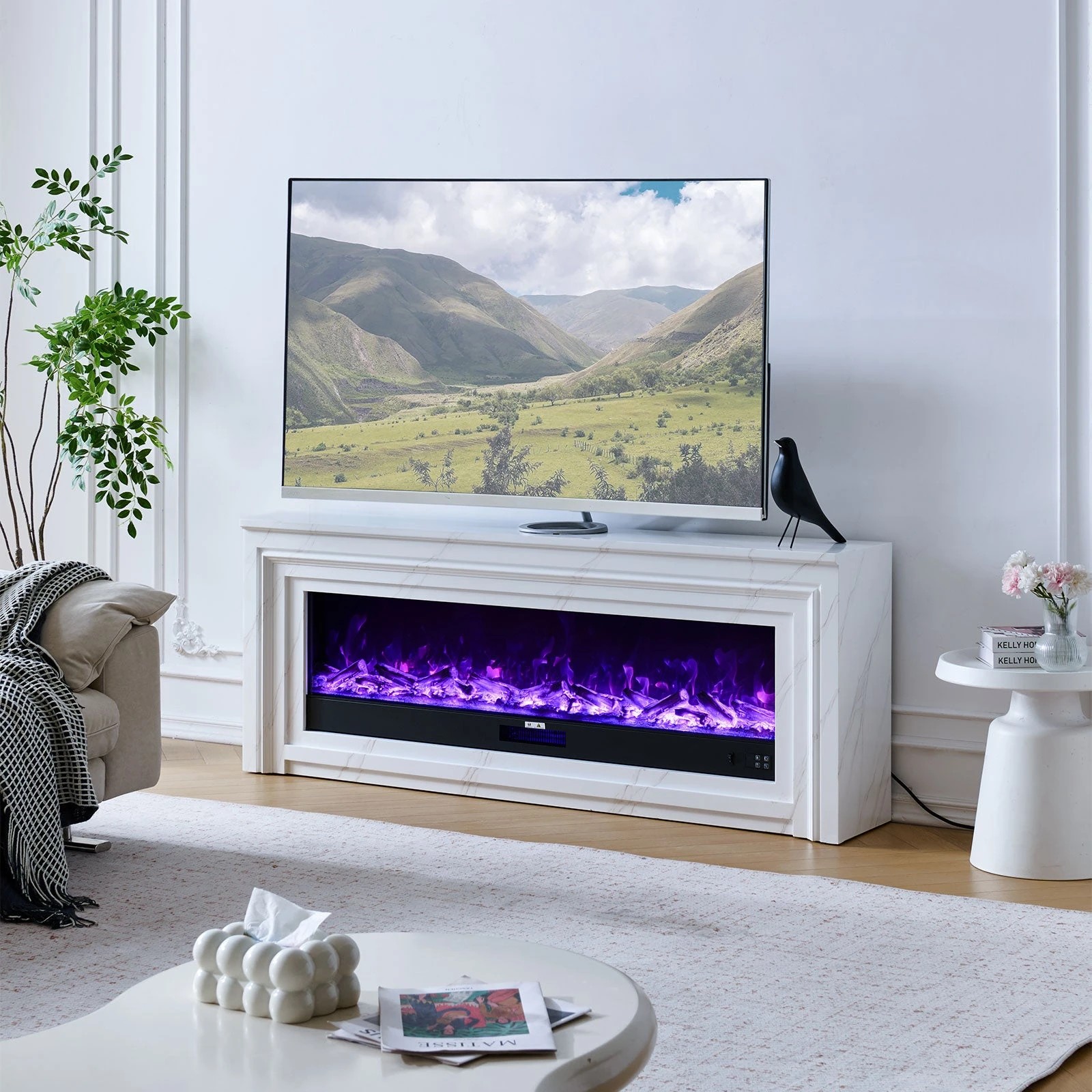 4 Moda Living Valence 60 inch Electric Fireplace with White Mantel Suite - White, 4 of 9