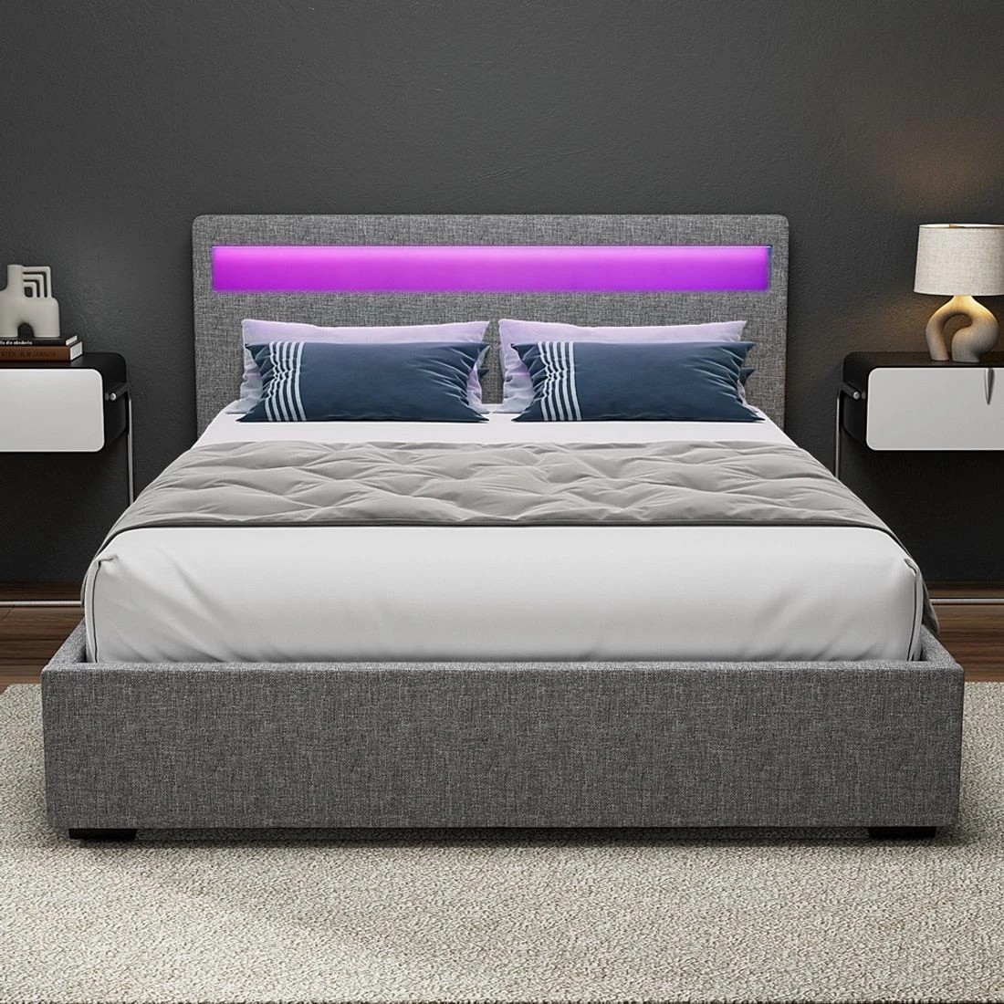 6 Artiss Bed Frame Queen Size LED Gas Lift - Grey, 6 of 10