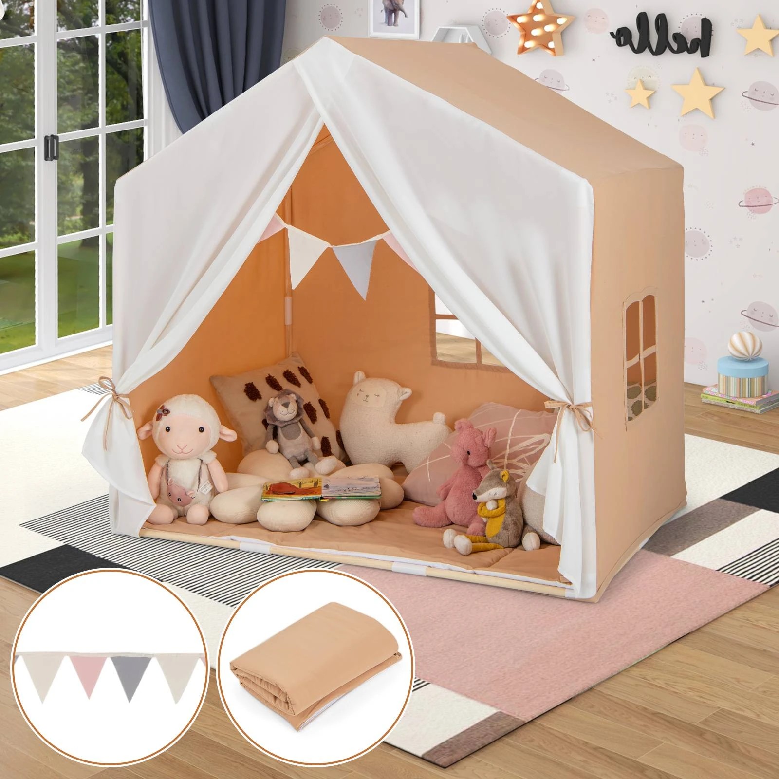 2 Costway Play Tent Playhouse Bed Tent Solid Wood Frame - Orange, 2 of 2