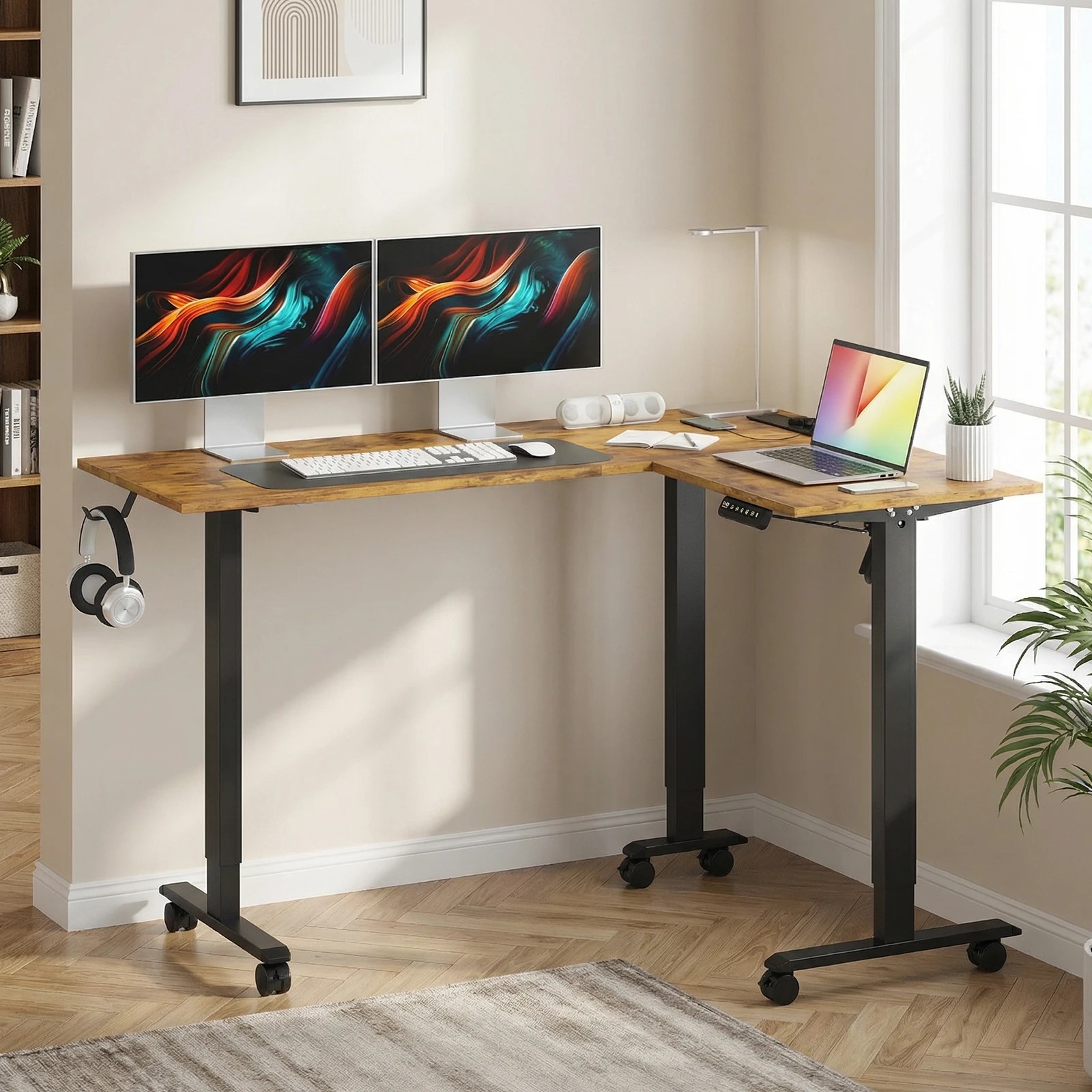 3 Advwin L Shaped Electric Standing Desk Adjustable Computer Desk with Charging Station - Brown, 3 of 9