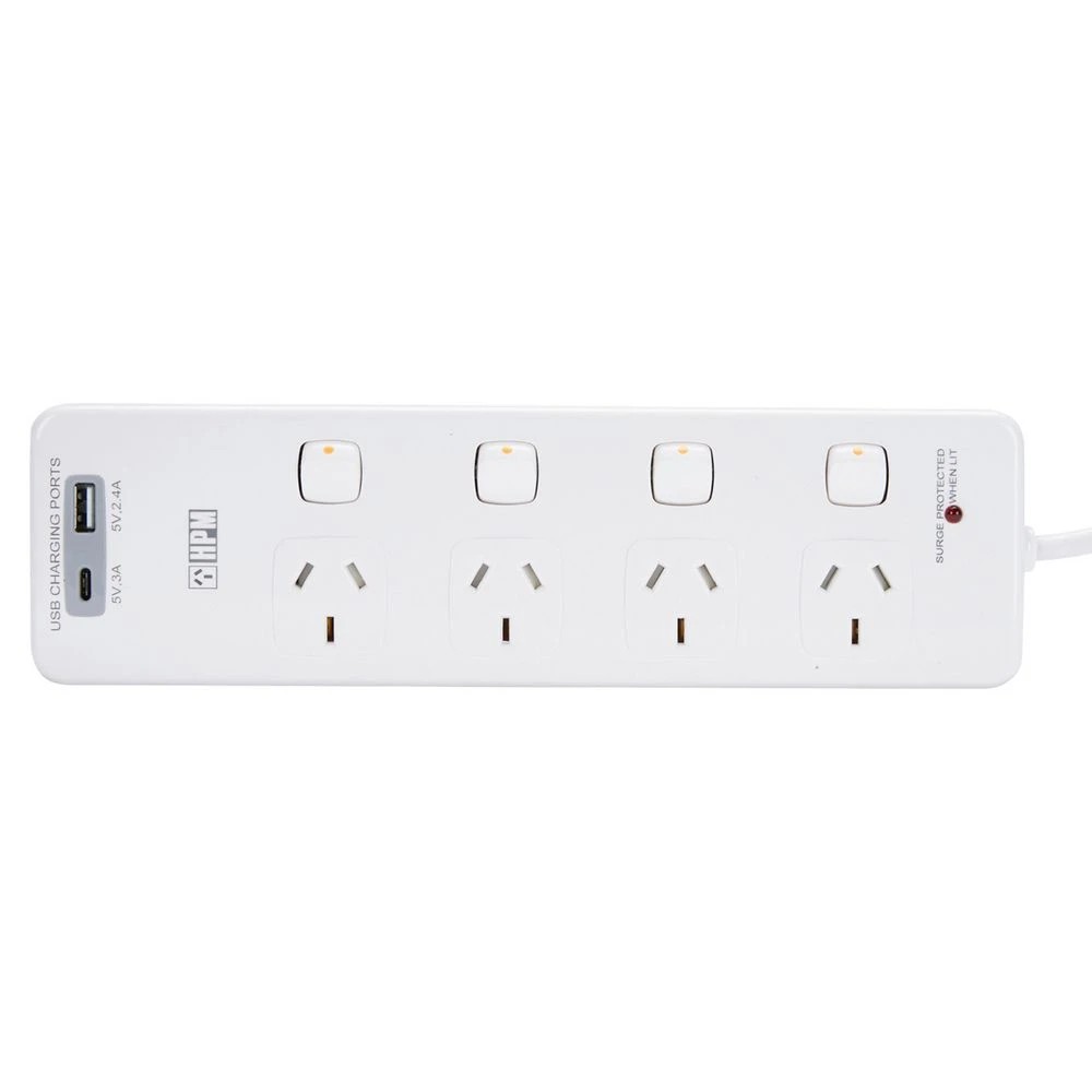 1 HPM 4 Outlet Surge Powerboard with A and C USB Ports, 1 of 2