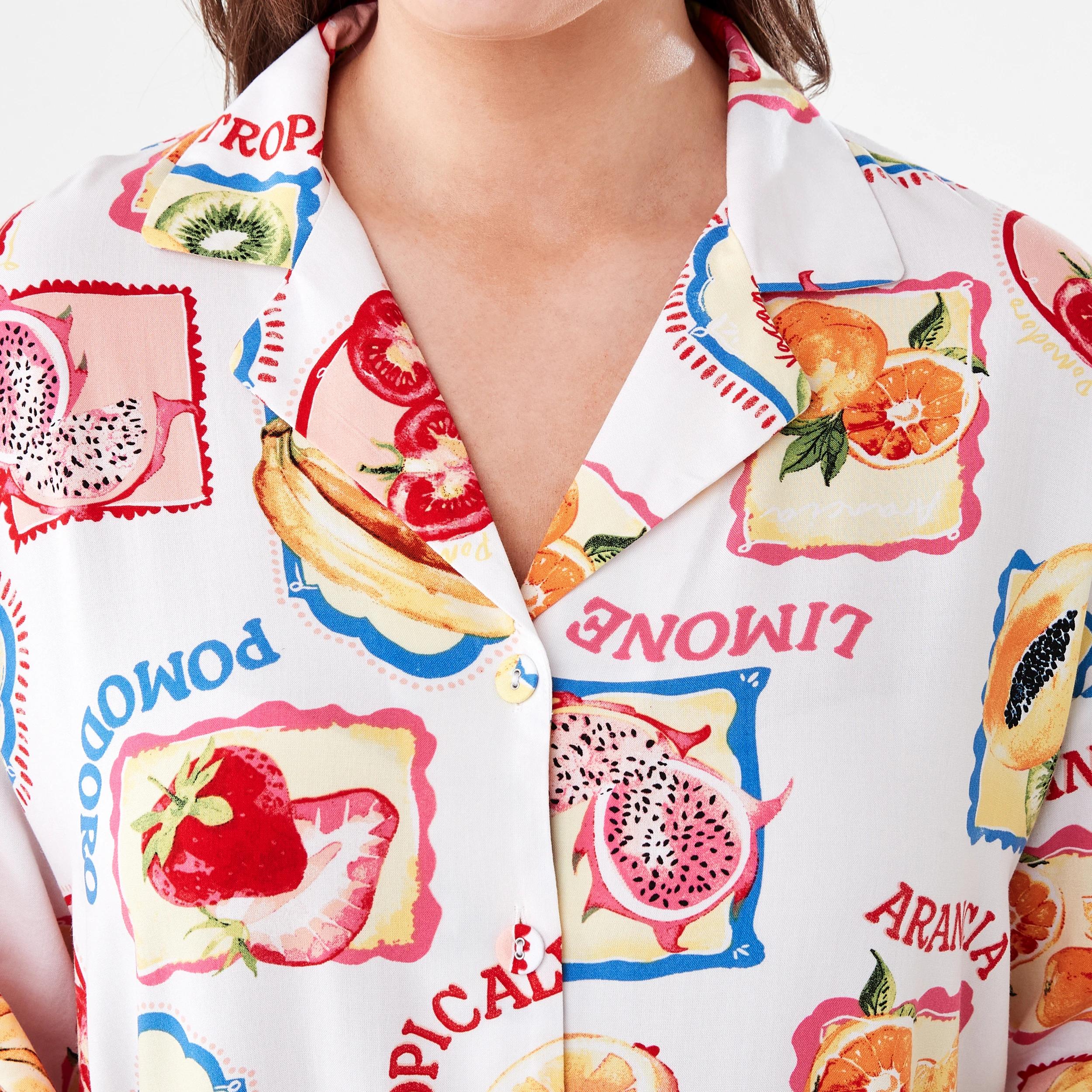 5 Short Sleeve Top and Shorts Woven Boxy Pyjama Set FRUIT FRAME WHITE, 5 of 7