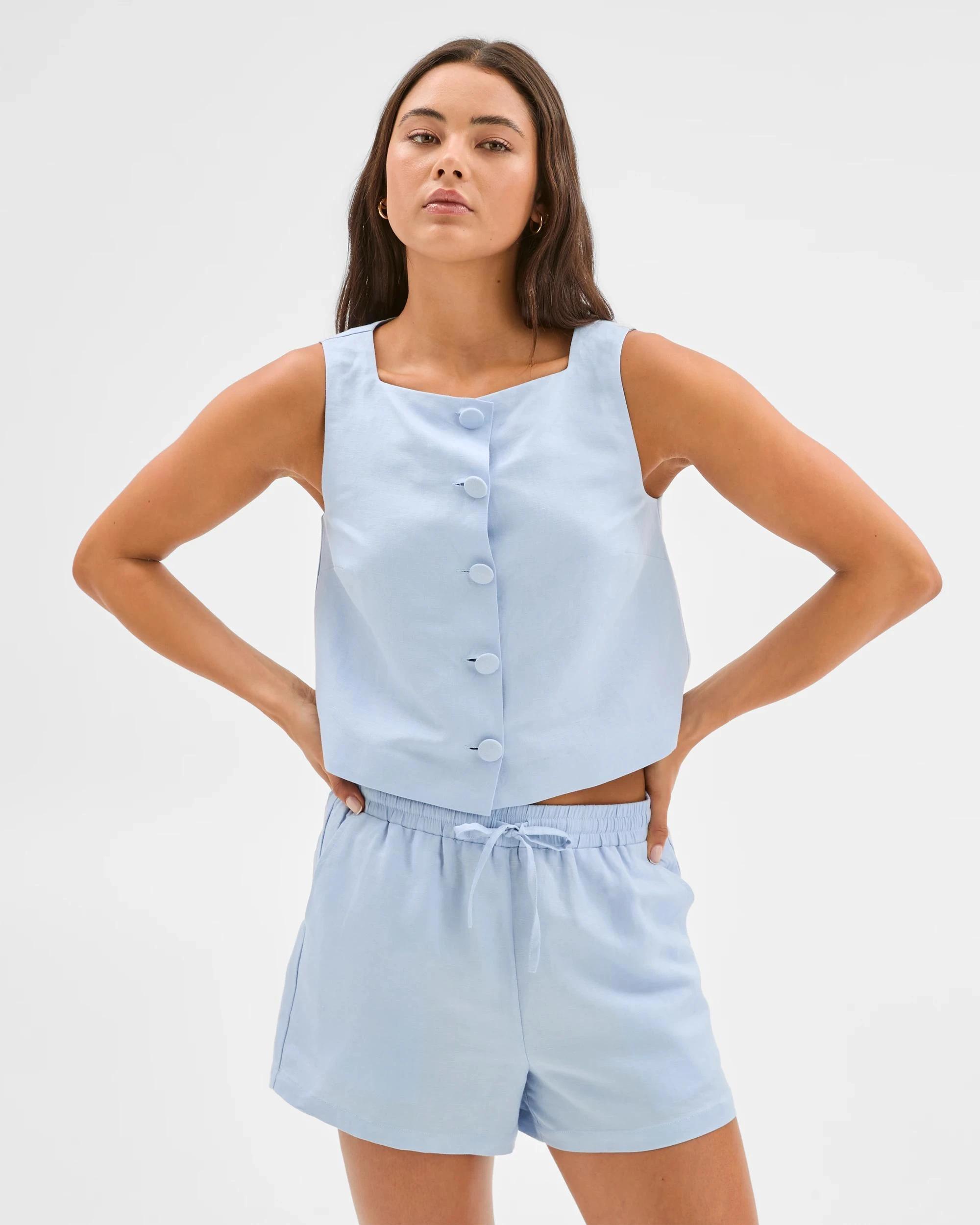 3 European Linen Blend Button Through Shell Top - Lily Loves BLUE, 3 of 6