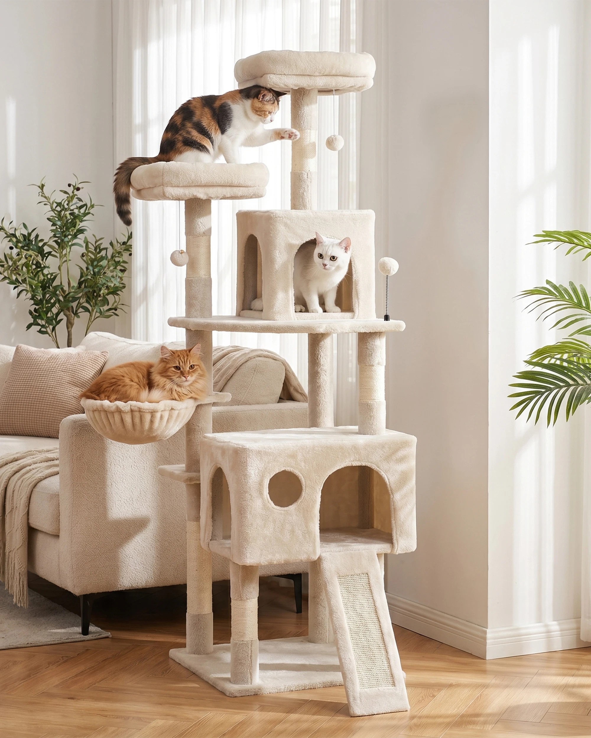 10 Petzly Cat Tree Tower Scratching Post Scratcher Condo House Bed 164cm Beige, 10 of 10