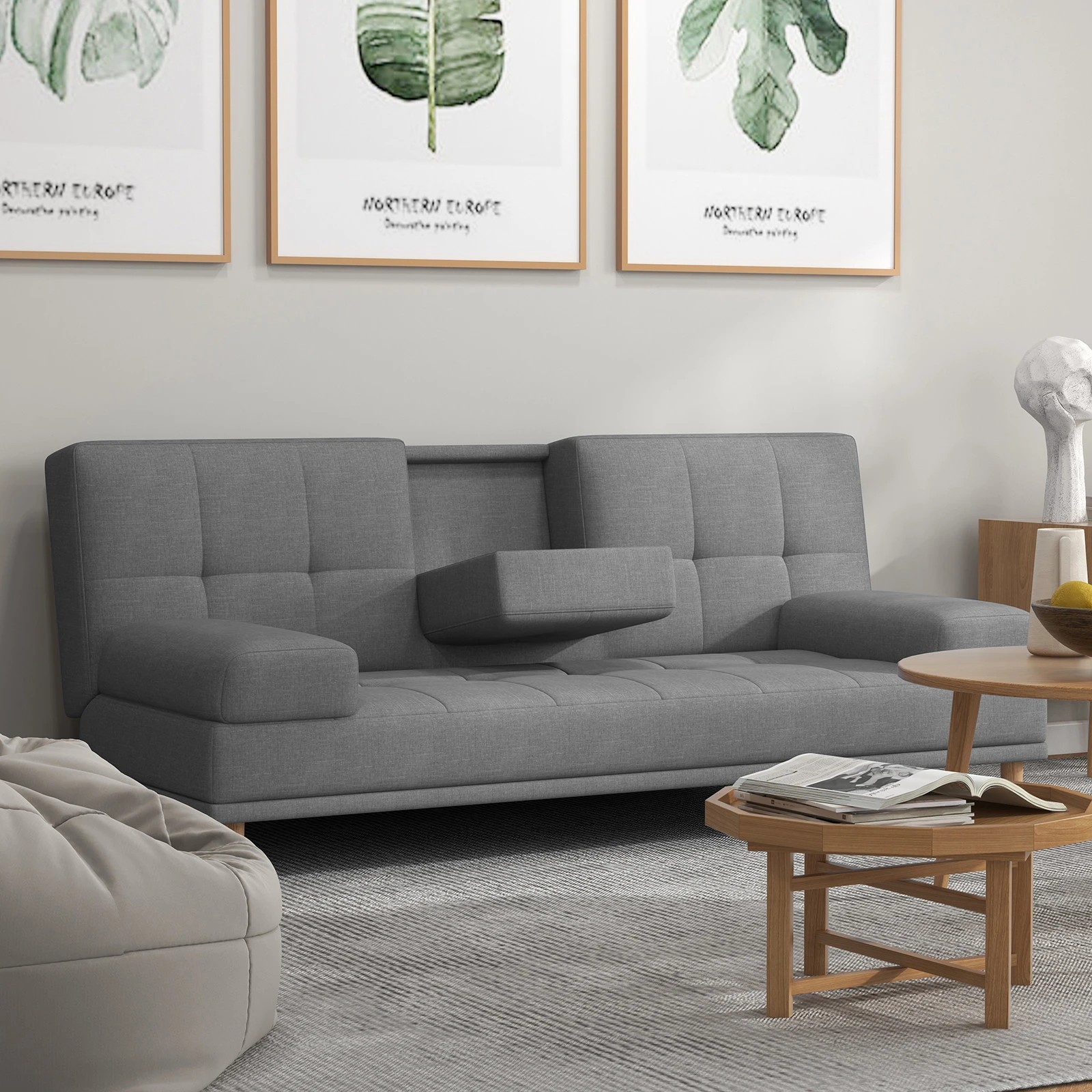 1 Casa Decor Mendoza 2 in 1 Sofa Bed Couch Pull Down Cupholder 3 Seats Futon Grey - Grey, 1 of 8