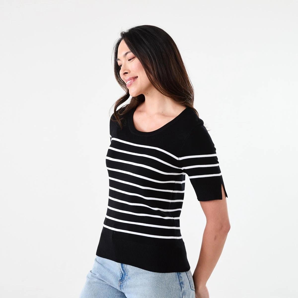 2 Short Elbow Sleeve Scoop Neck Top Ecru Strp, 2 of 6