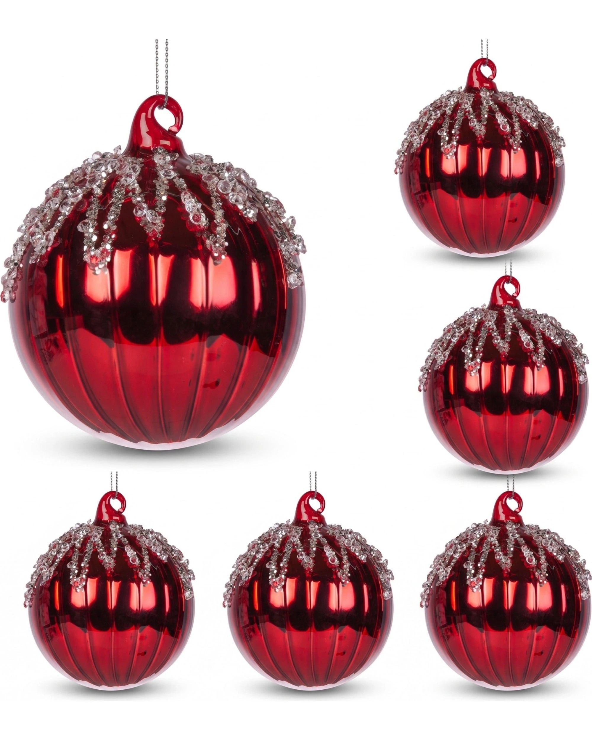 1 Christabelle 6 Red Glass Christmas Baubles Jewel Ice Drips 8cm Xmas Tree Decorations Hanging Ornaments Gift Boxed Set, 1 of 7