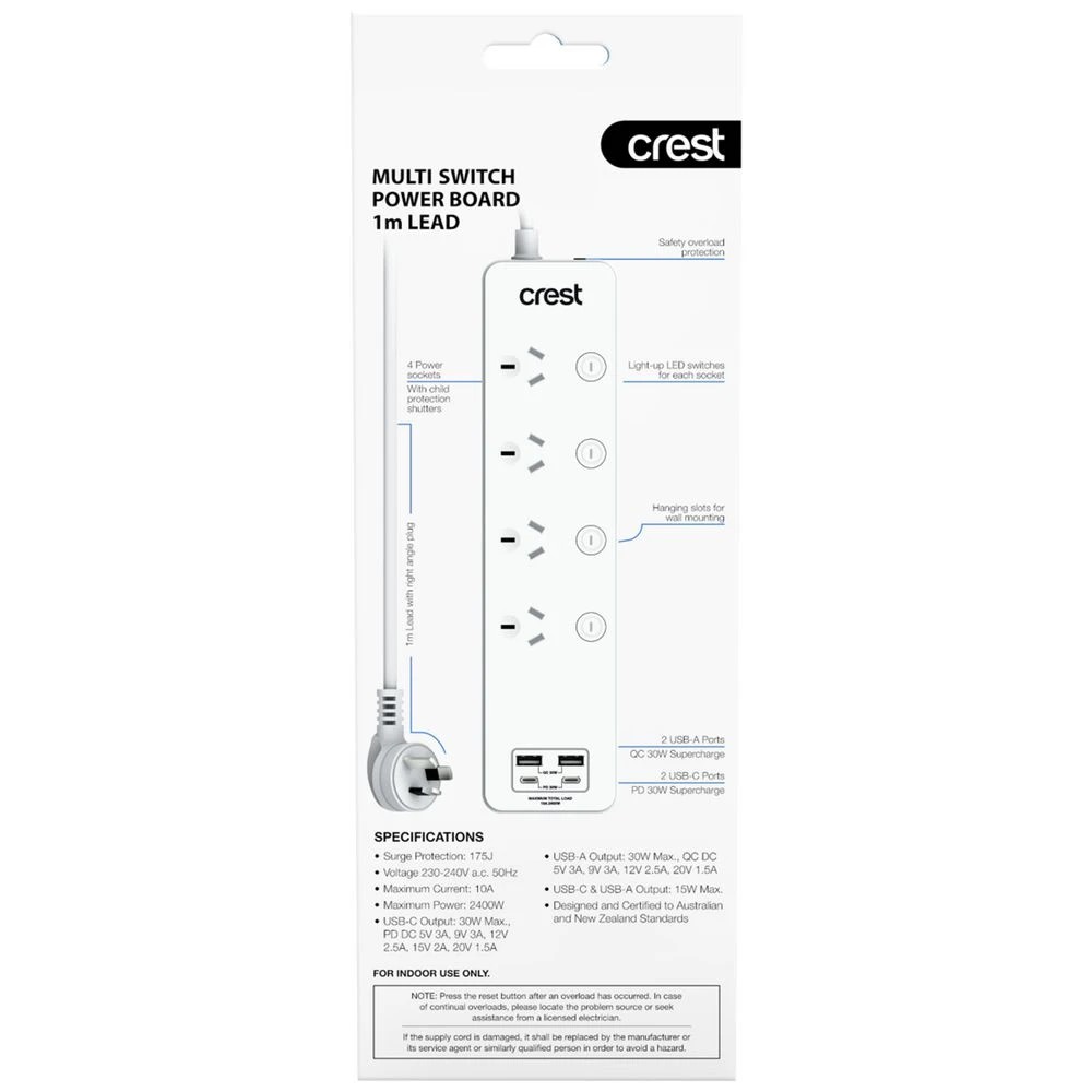 3 Crest 4 Socket Switched Surge Powerboard 4 USB 1M, 3 of 3