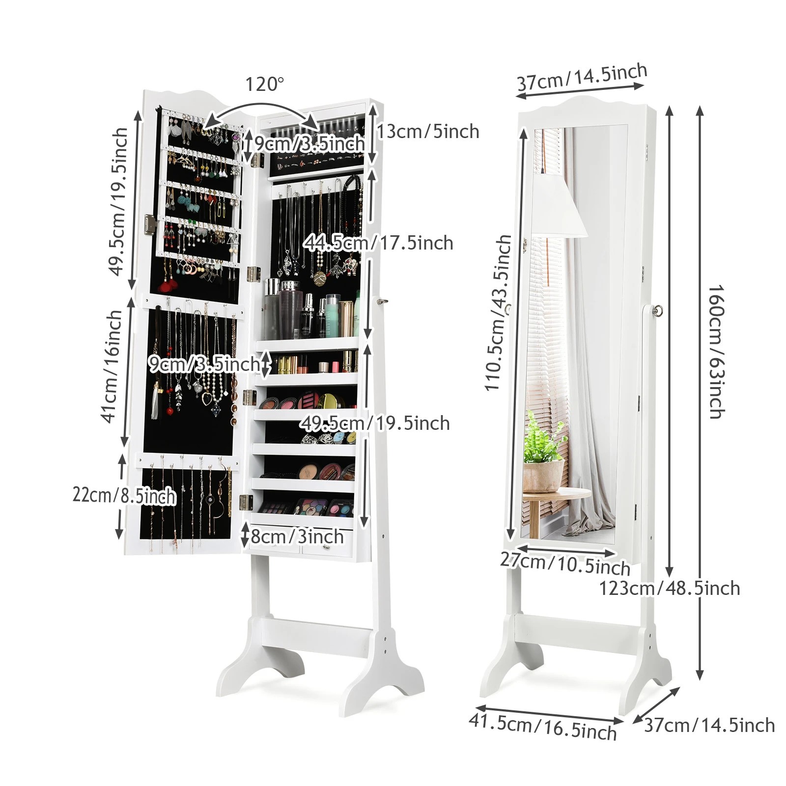 4 Costway Jewellery Cabinet Armoire Organizer Mirrored Bedroom Cabinets w/Mirror & LED Lights - White, 4 of 5