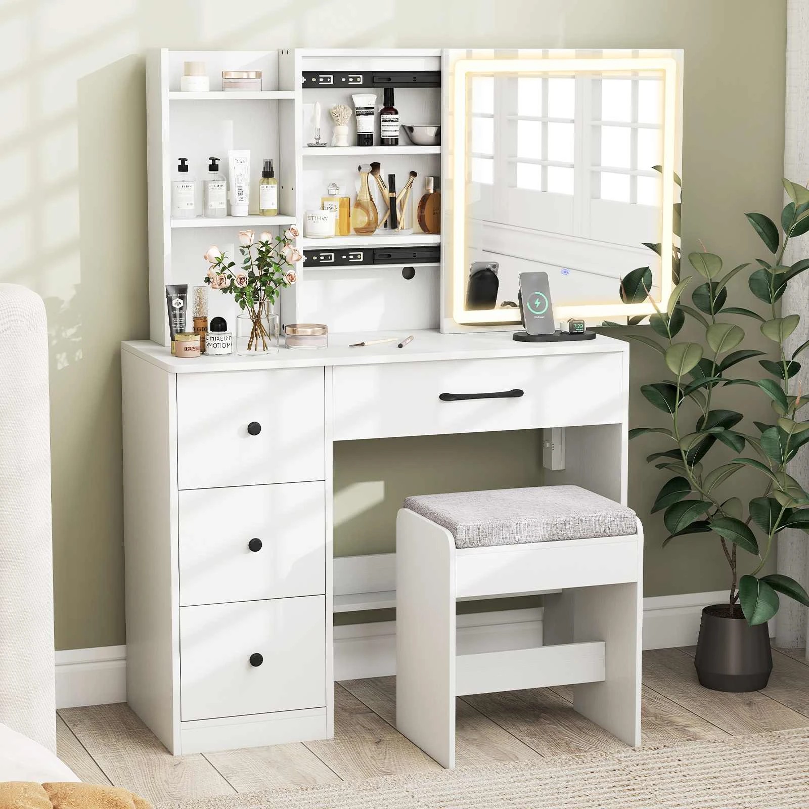 3 Costway LED Lighted Dressing Table Set Makeup Vanity Desk & Chair w/Sliding Mirror, 3 of 4