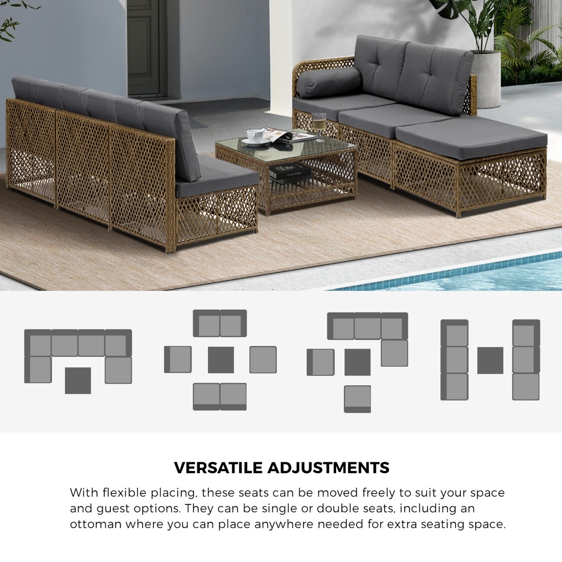 5 Livsip Outdoor Sofa Set 6 Seater Wicker Lounge Setting - Brown, 5 of 8