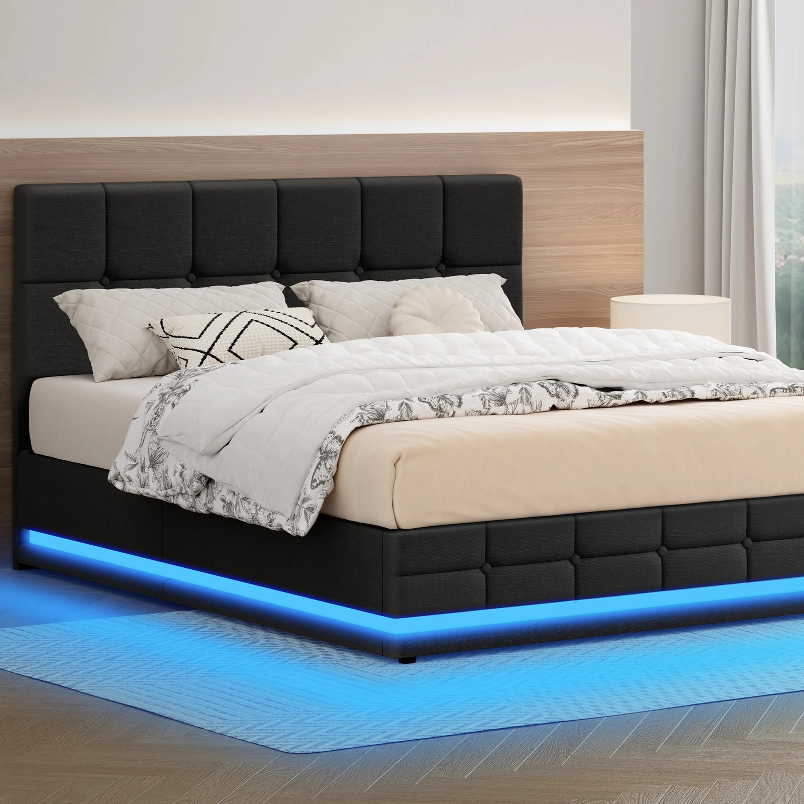 2 Alfordson Bed Frame Double Size Platform RGB LED Gas Lift Base Storage - Charcoal, 2 of 10