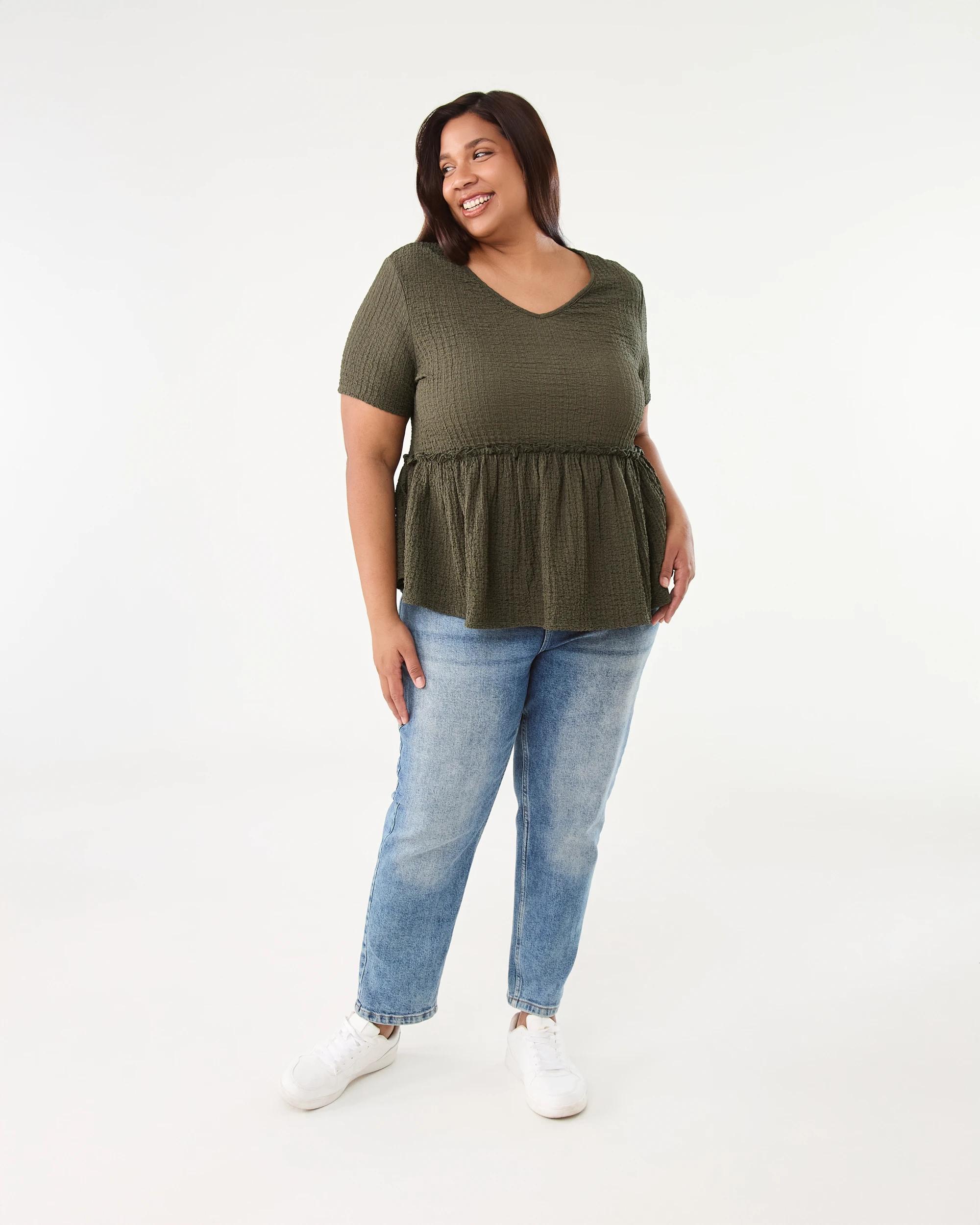 7 Curve Short Sleeve Textured Peplum Top Deep Olive, 7 of 7