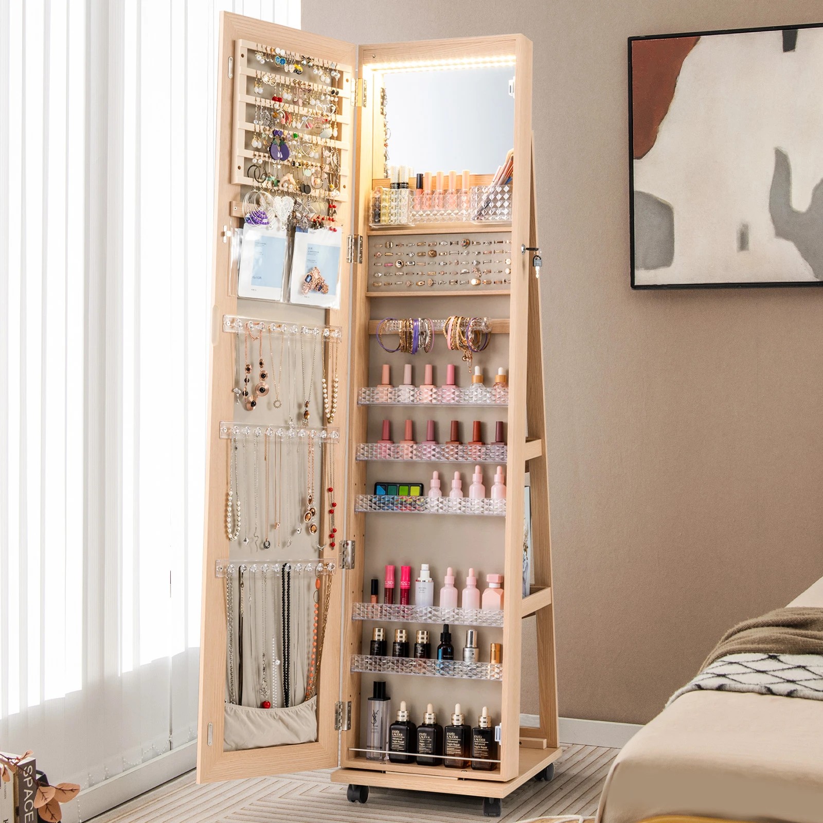 2 Costway 1.63M Mobile LED Jewellery Cabinet Makeup Mirror Storage Organizer w/Adjustable Shelves - Natural, 2 of 4