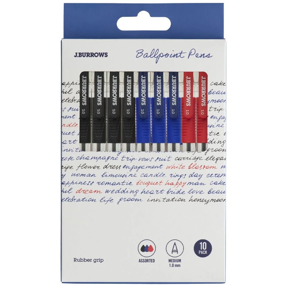 1 J.Burrows Grip Ballpoint Pens 1.0mm Assorted 10 Pack, 1 of 2