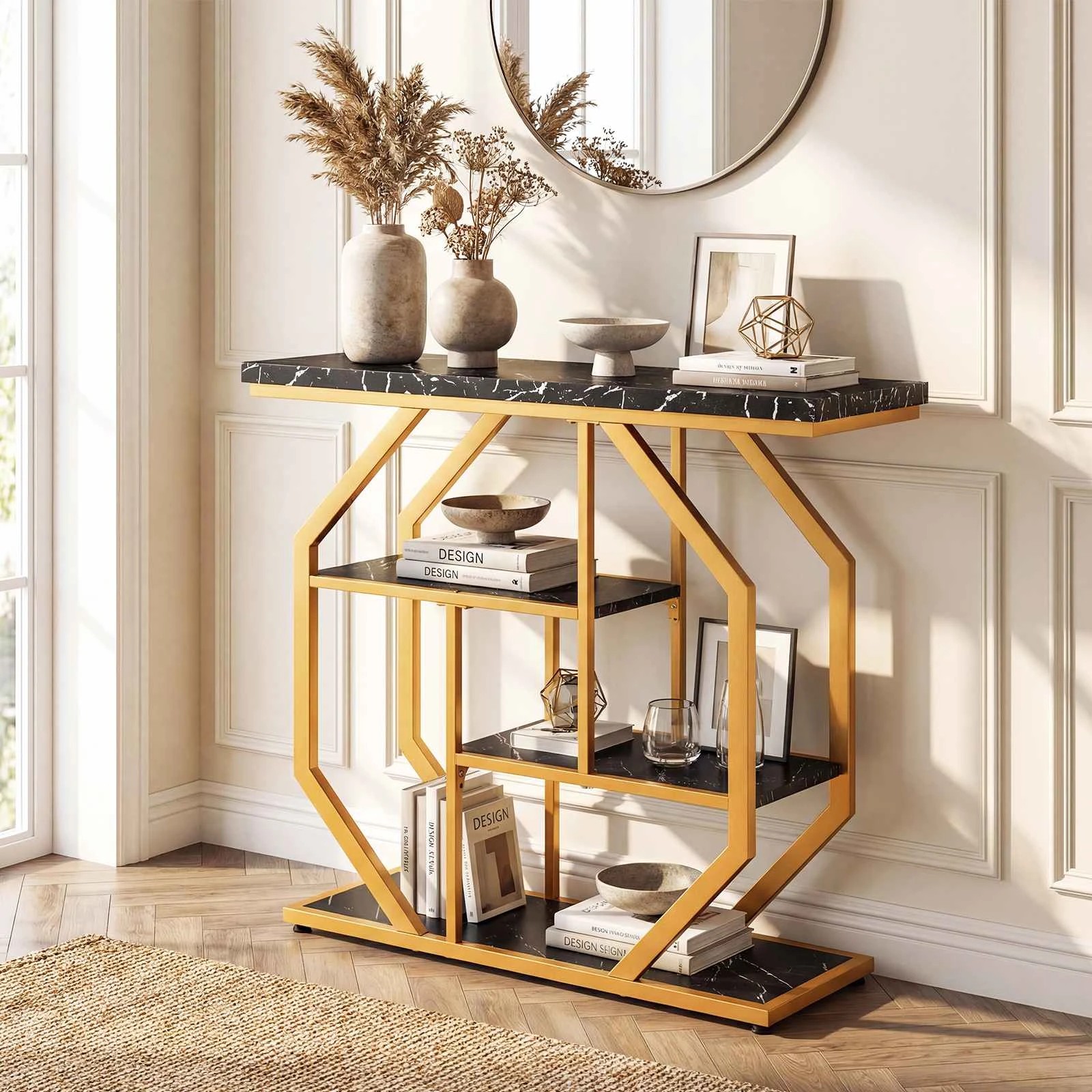 4 Costway 4-Tier Console Table Modern Entryway Table Faux Marble Sofa Table, 4 of 5