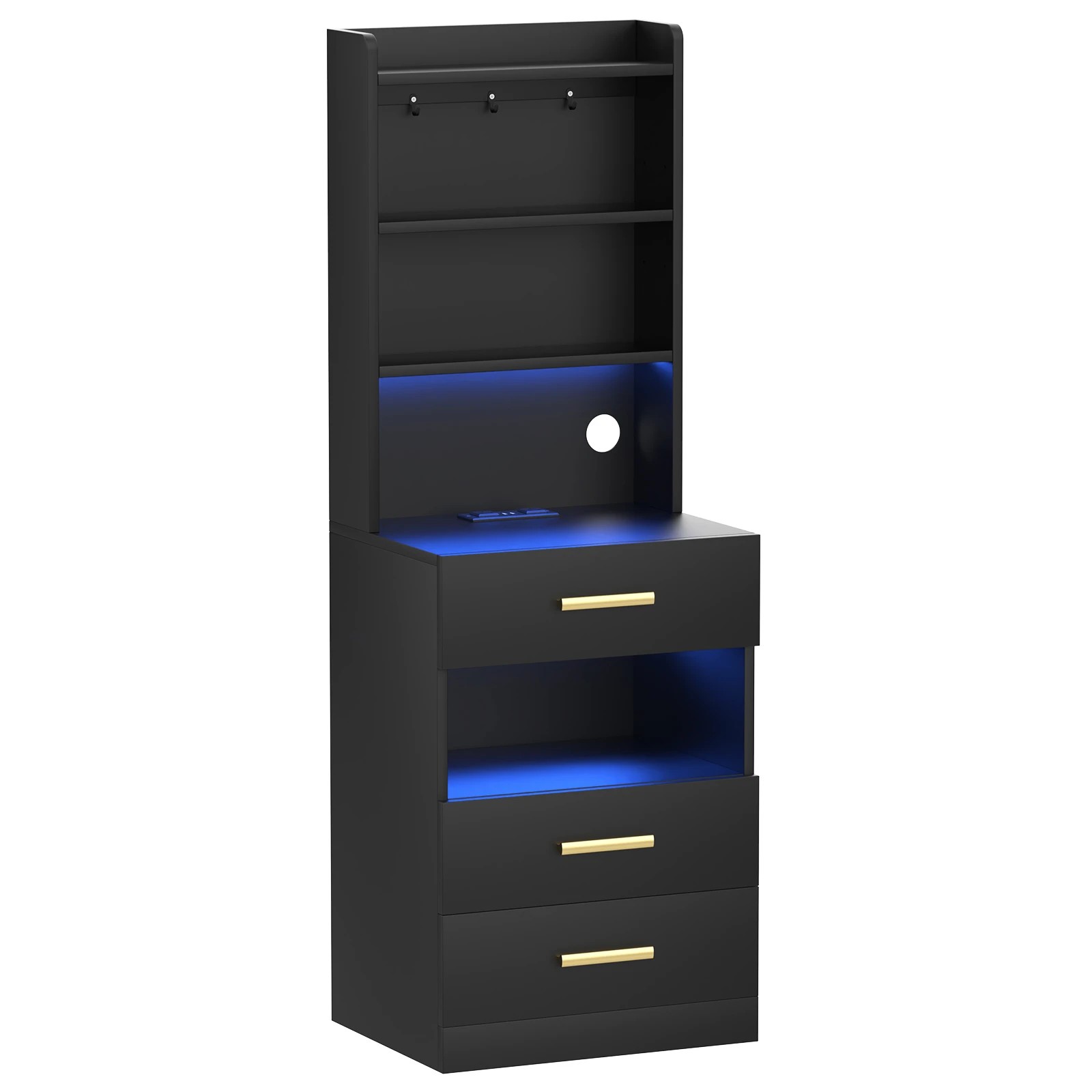 1 Advwin Tall Bedside Table with Charging Station LED Lights 3 Drawers Nightstand - Black, 1 of 9