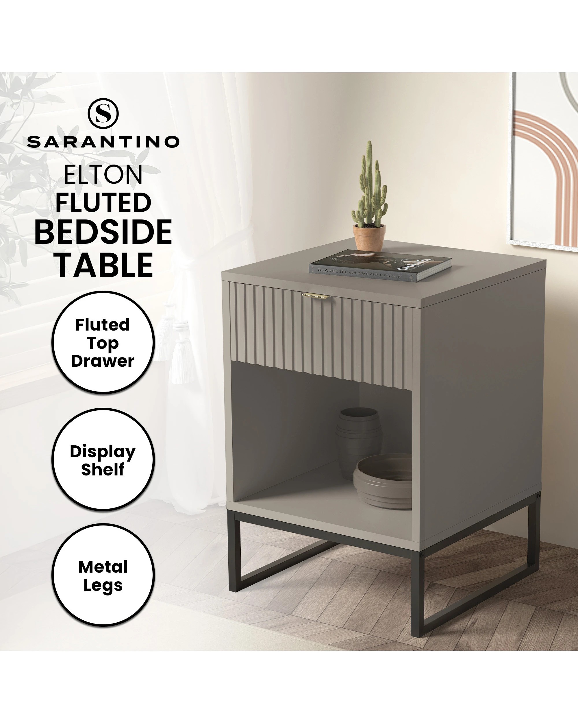 10 Sarantino Elton Fluted Bedside Table - Grey, 10 of 10