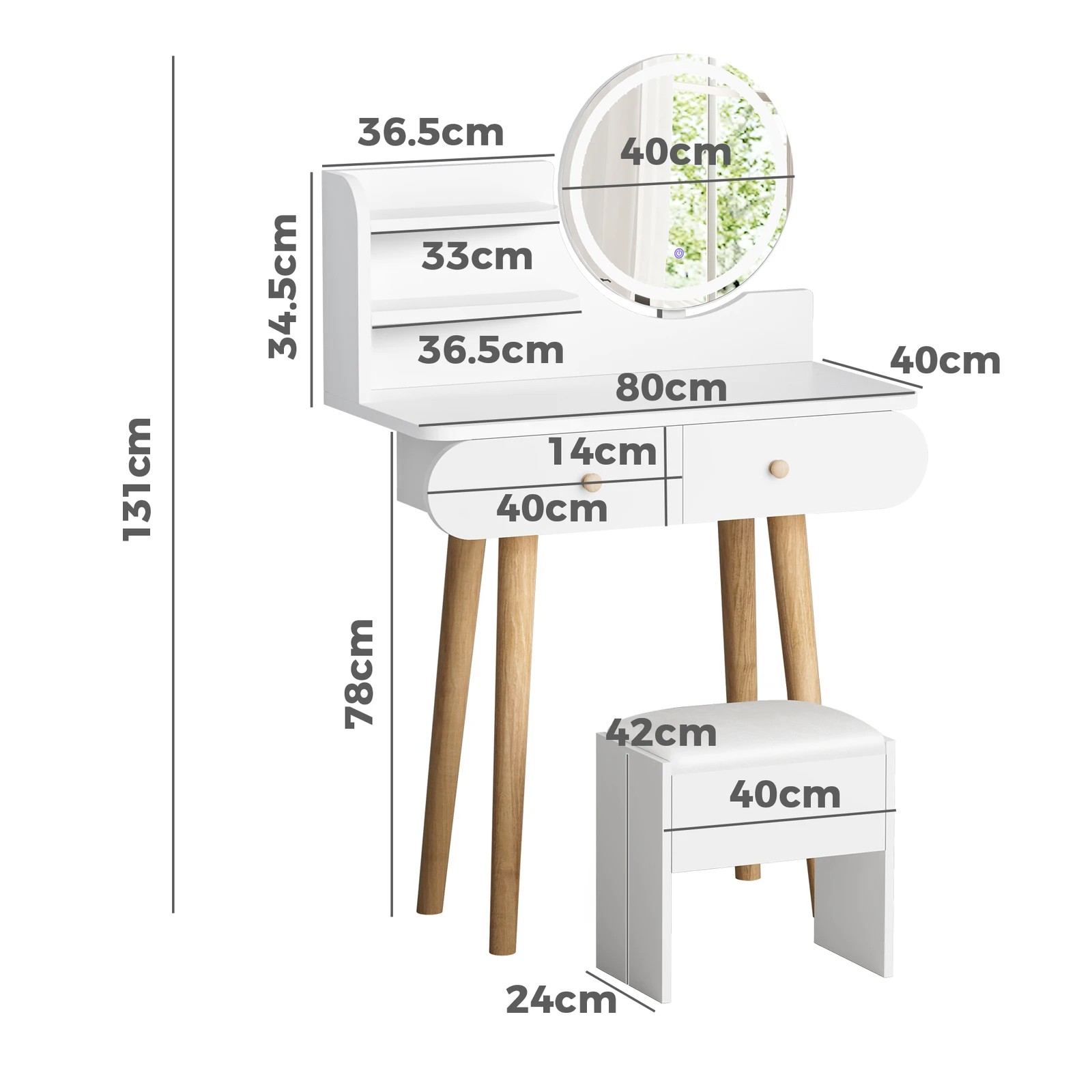 5 Alfordson Dressing Table Stool Set Makeup Mirror Vanity LED Light - White, 5 of 10