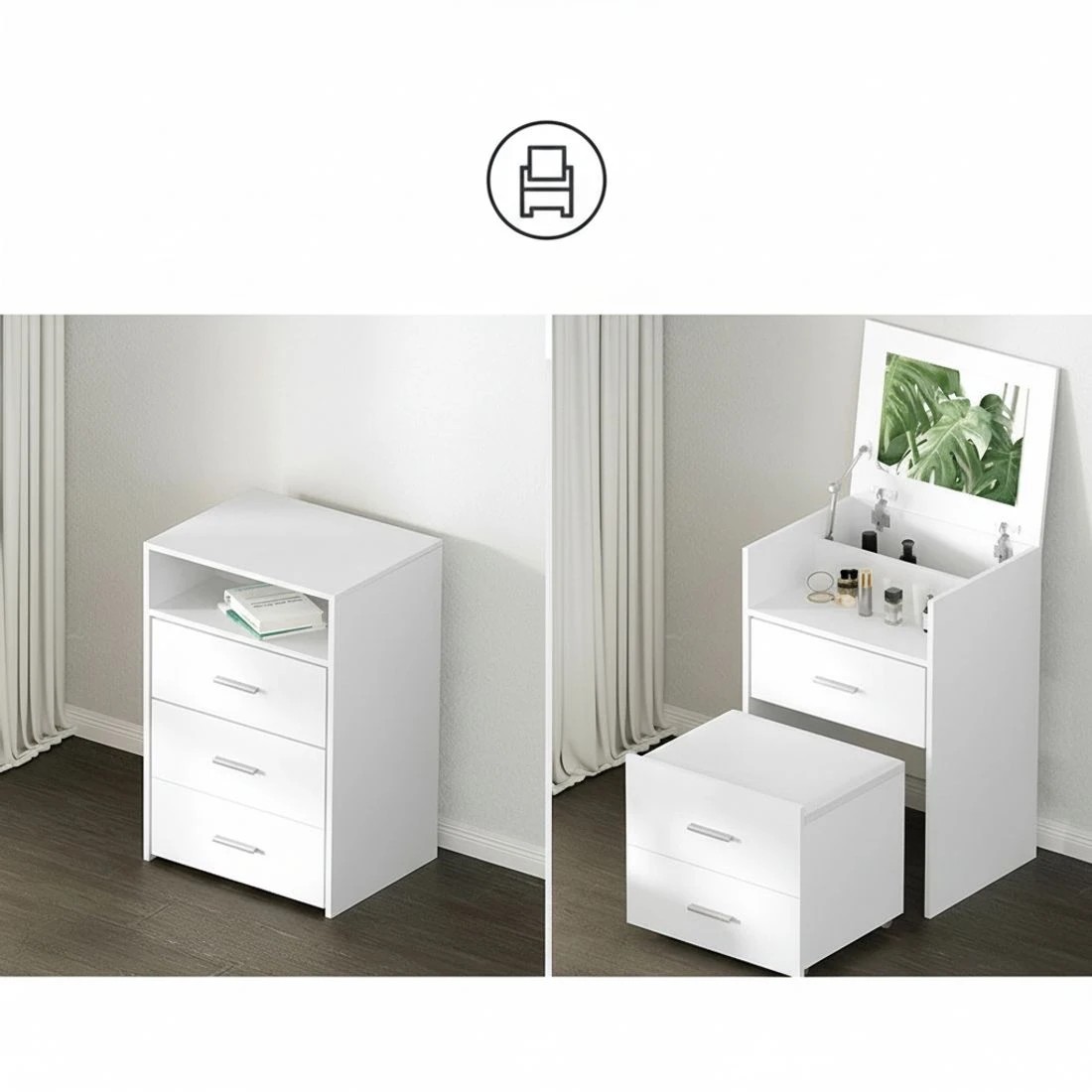 6 Artiss 2-in-1 Dressing Table Stool Set Bedside Table Vanity Mirror Stool Set Makeup Storage Easy Assembly - White, 6 of 8