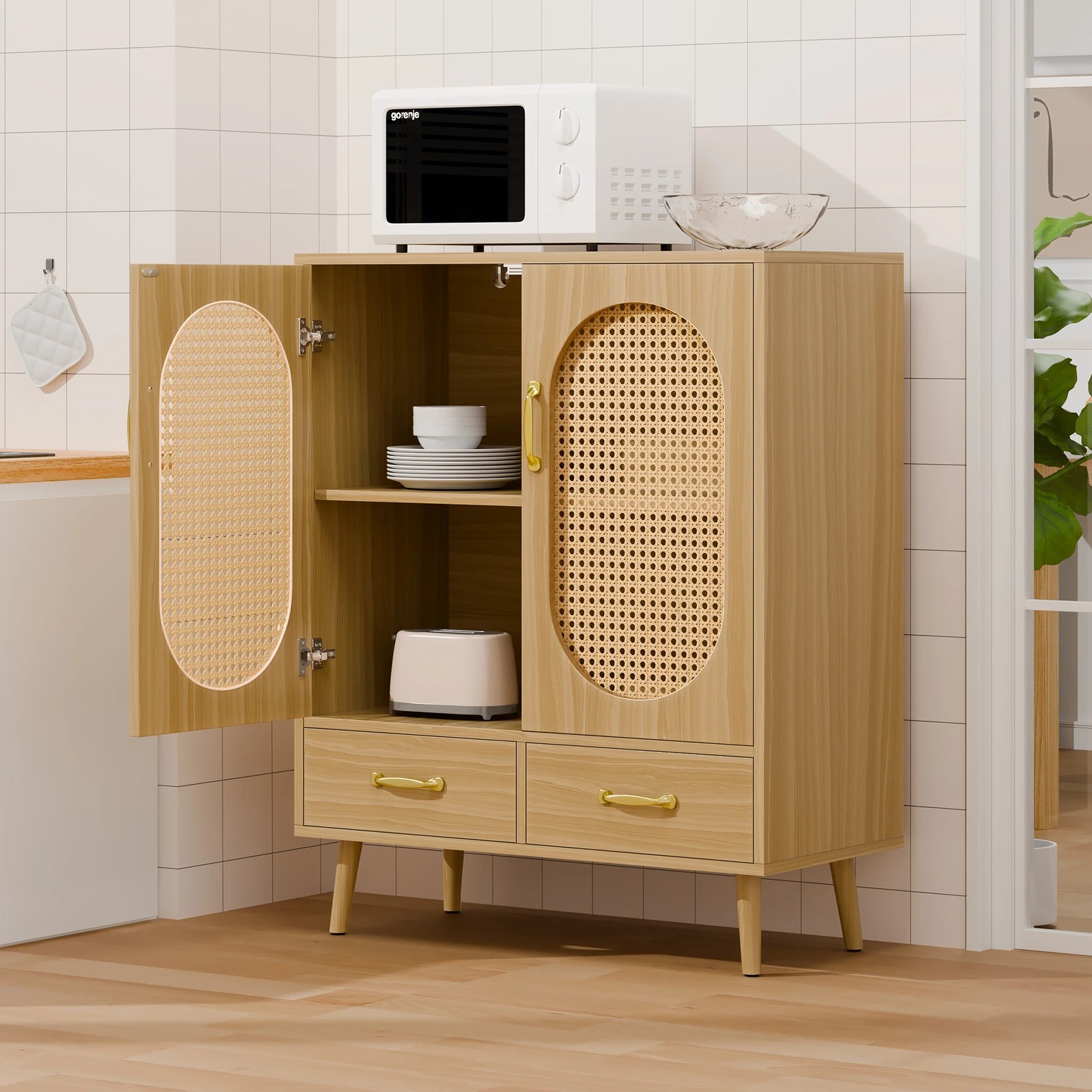 3 Alfordson Buffet Sideboard Rattan Storage Cabinet - Oak, 3 of 9