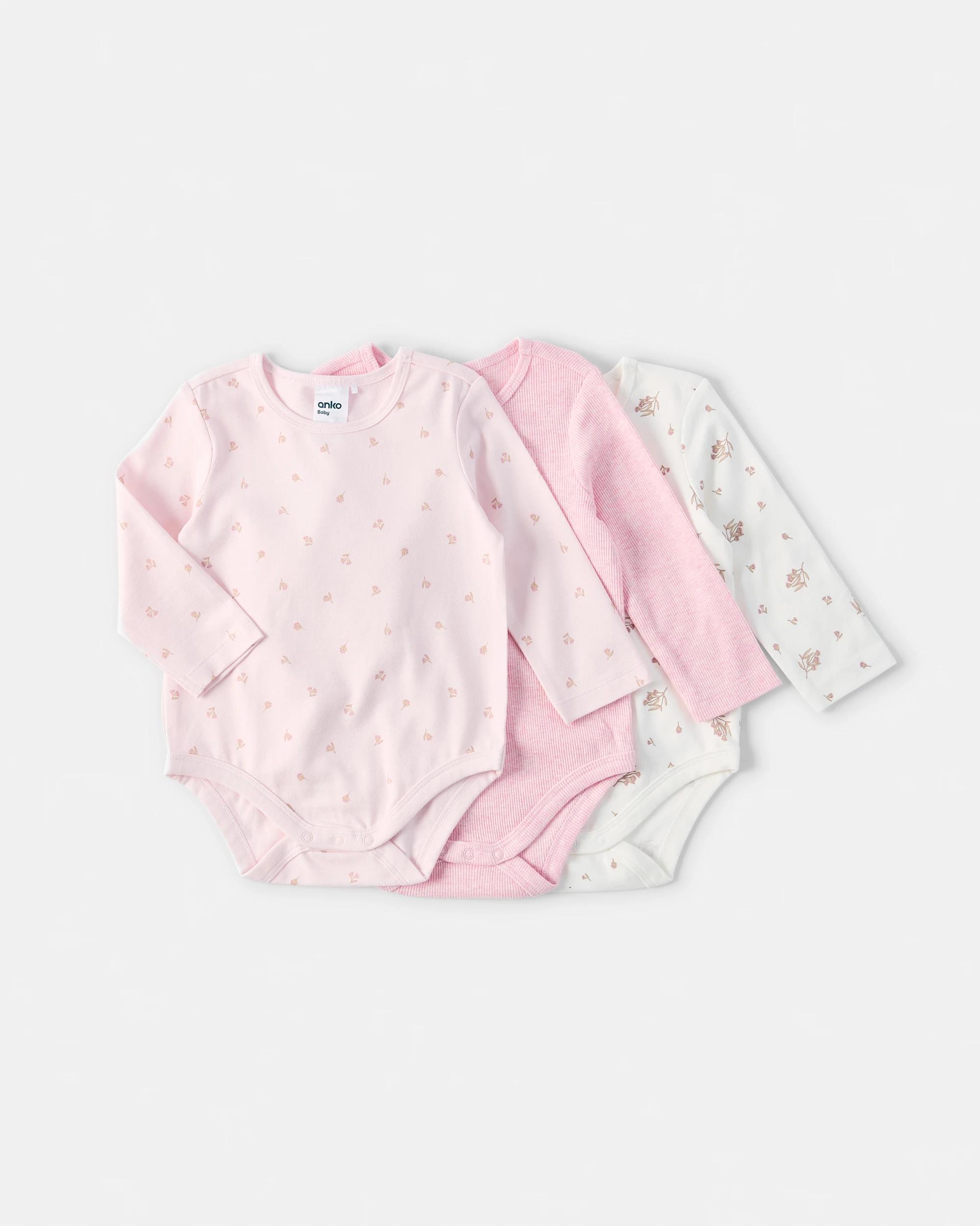 1 3 Pack Cotton Long Sleeve Bodysuits Pink Flrl, 1 of 8