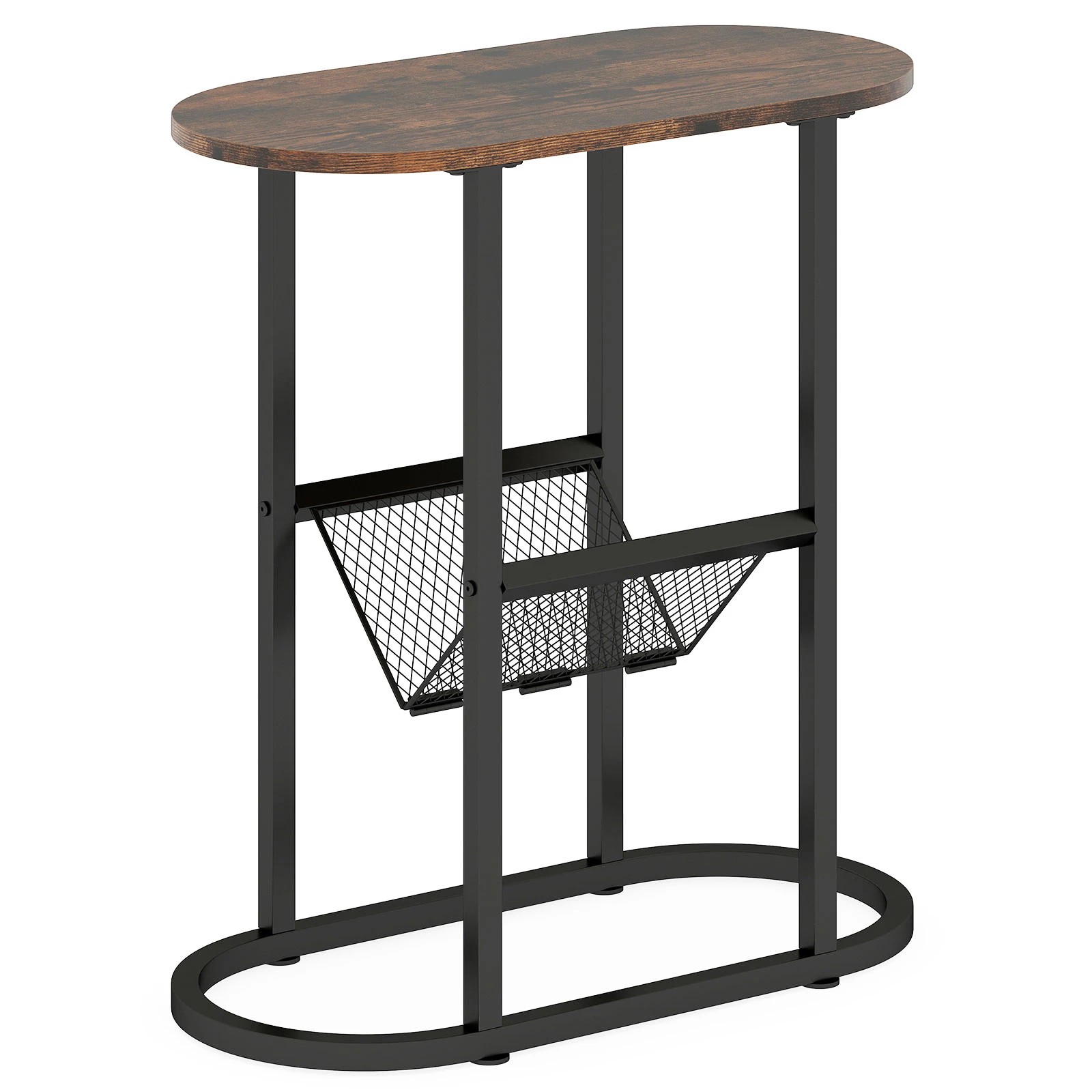 1 Costway Narrow Oval Side Table w/Magazine Holder 2-Tier Slim Couch End Table - Brown, 1 of 1
