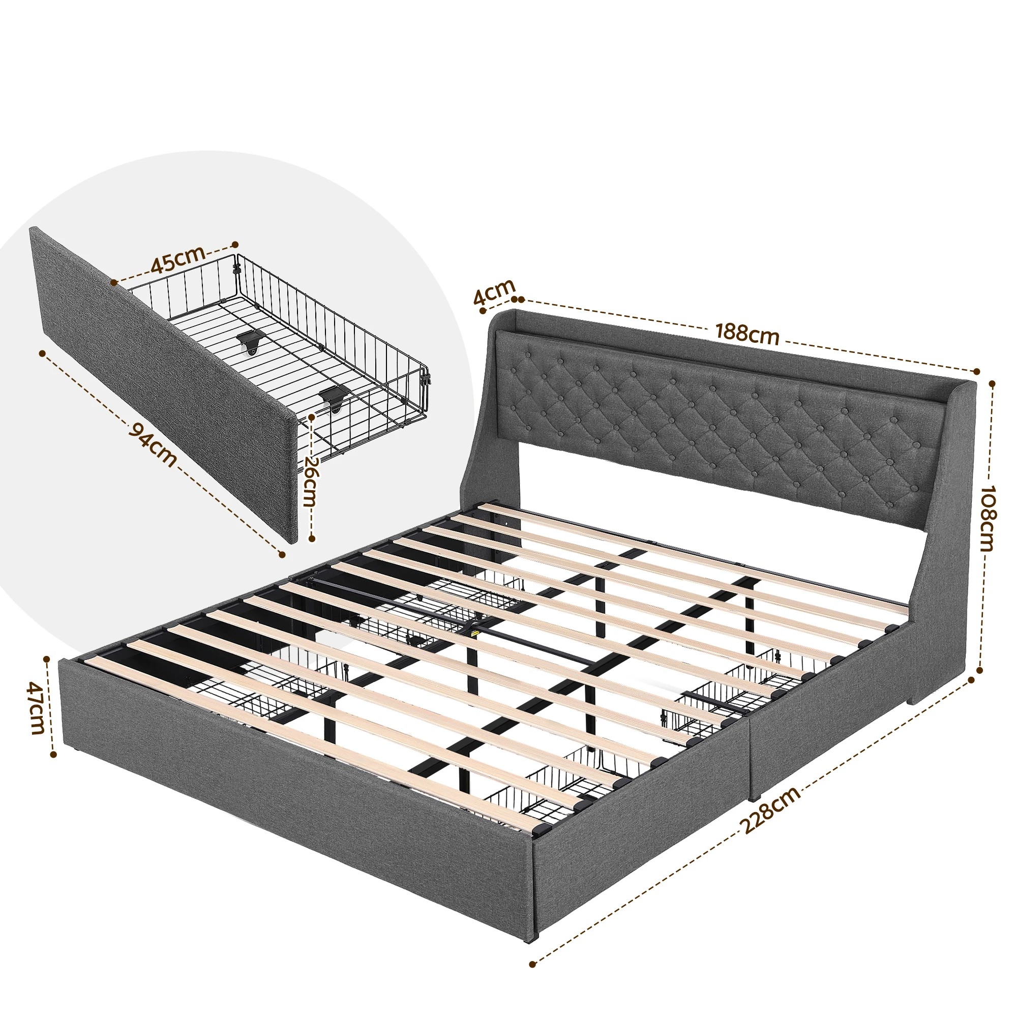 2 Artiss King Bed Frame with 4 Storage Drawers Charging Station Tufted Wingback Headboard 300kg Loads - Charcoal, 2 of 10