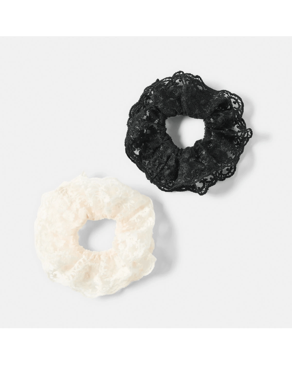 2 Pack Frill Lace Hair Scrunchies - White and Black