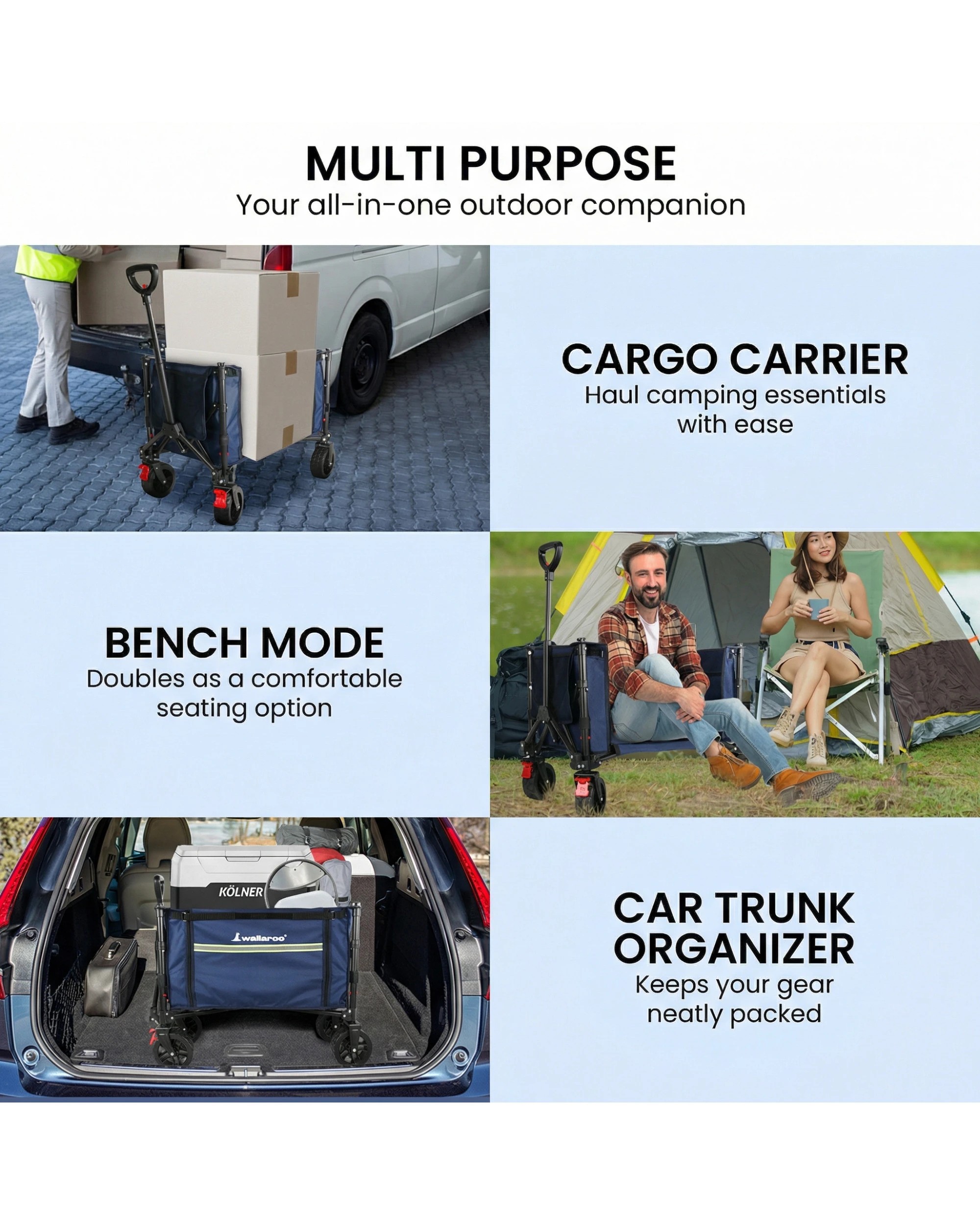 8 Wallaroo Collapsible 120L Camping Trolley Steel Frame Storage Gardening Picnic Cart - Blue, 8 of 8