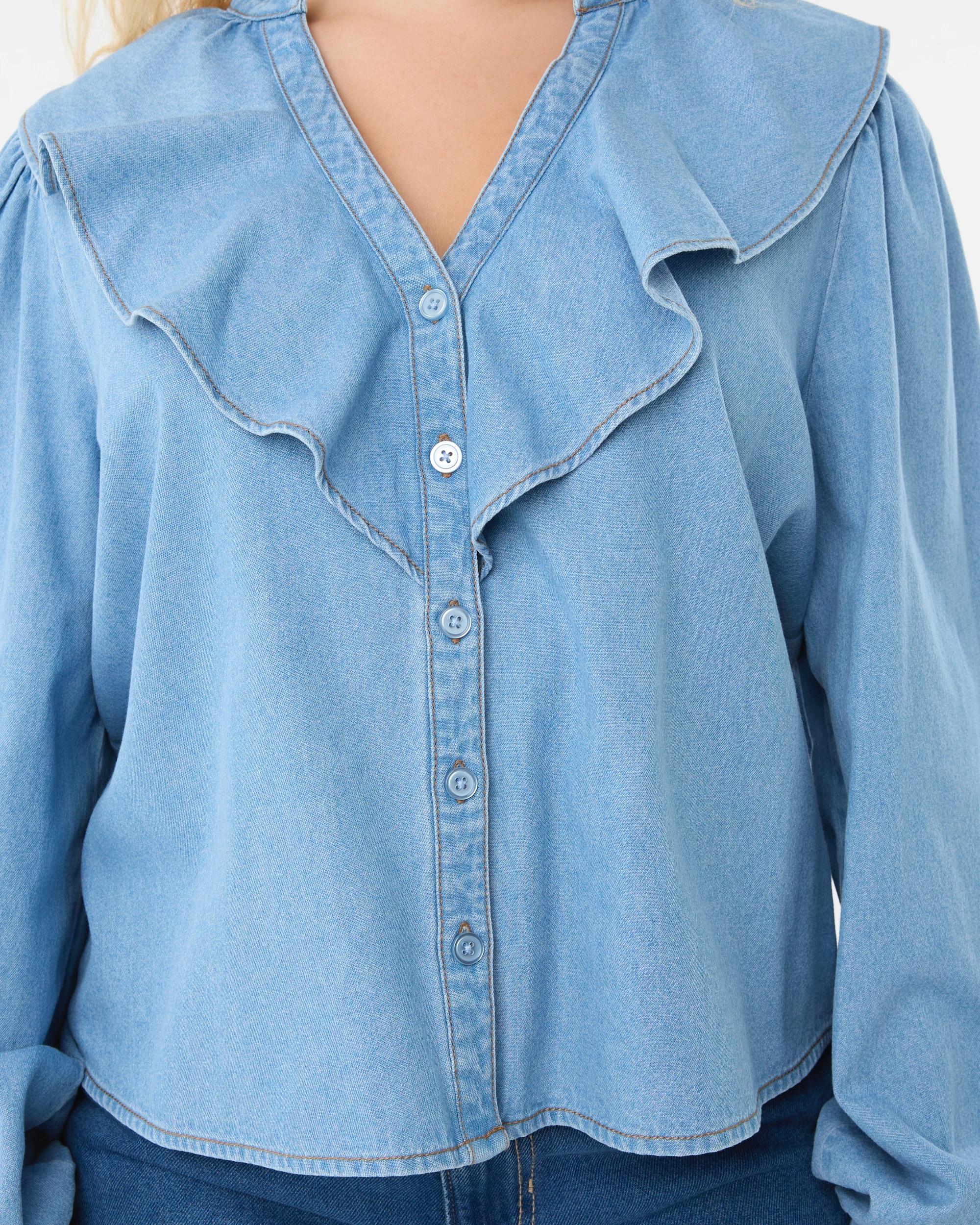 4 Long Sleeve Chambray Frill Button Through Top Light Wash, 4 of 7