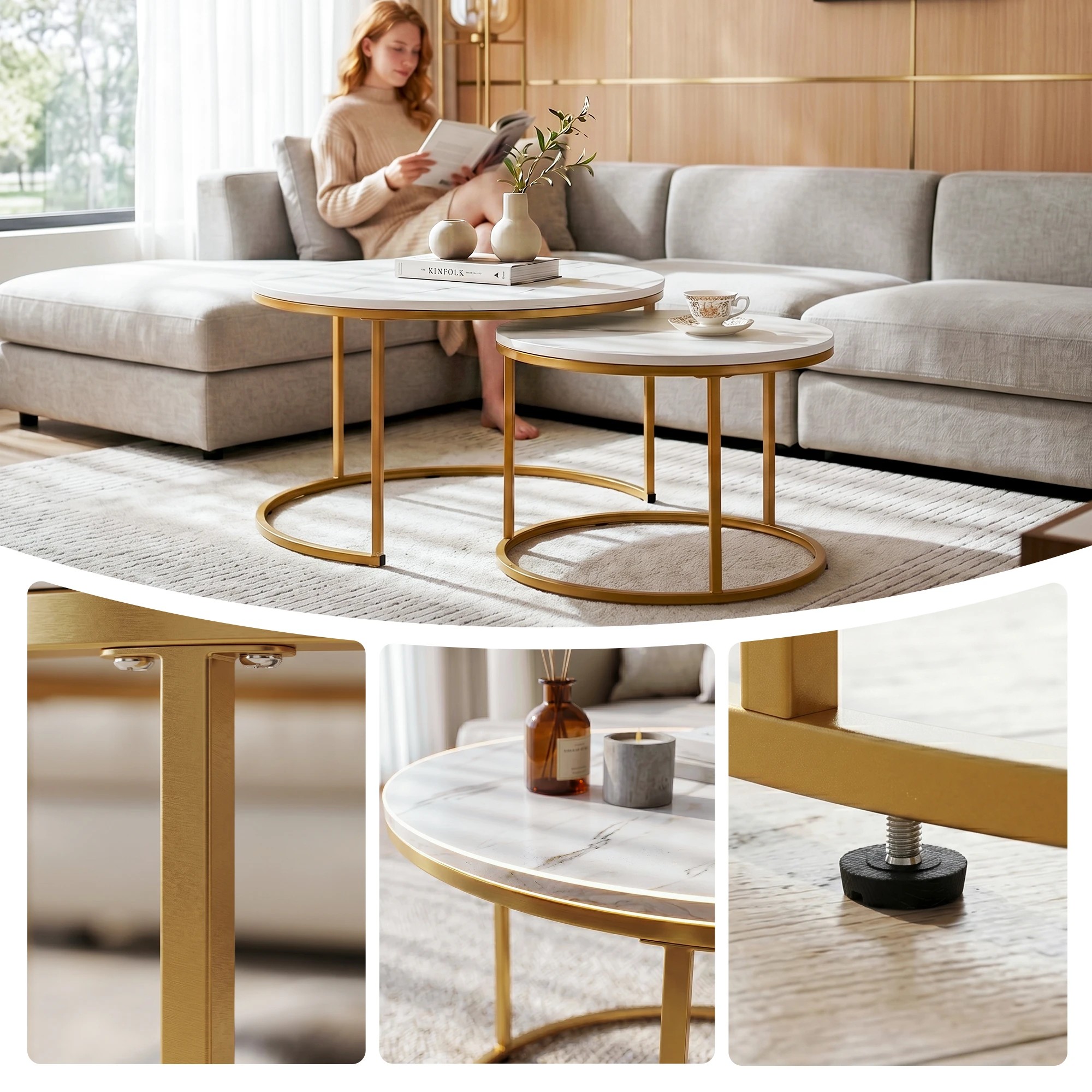 6 Artiss Nesting Coffee Table Set of 2 Round Marble Effect End Side Table 70/50cm - Multi, 6 of 8