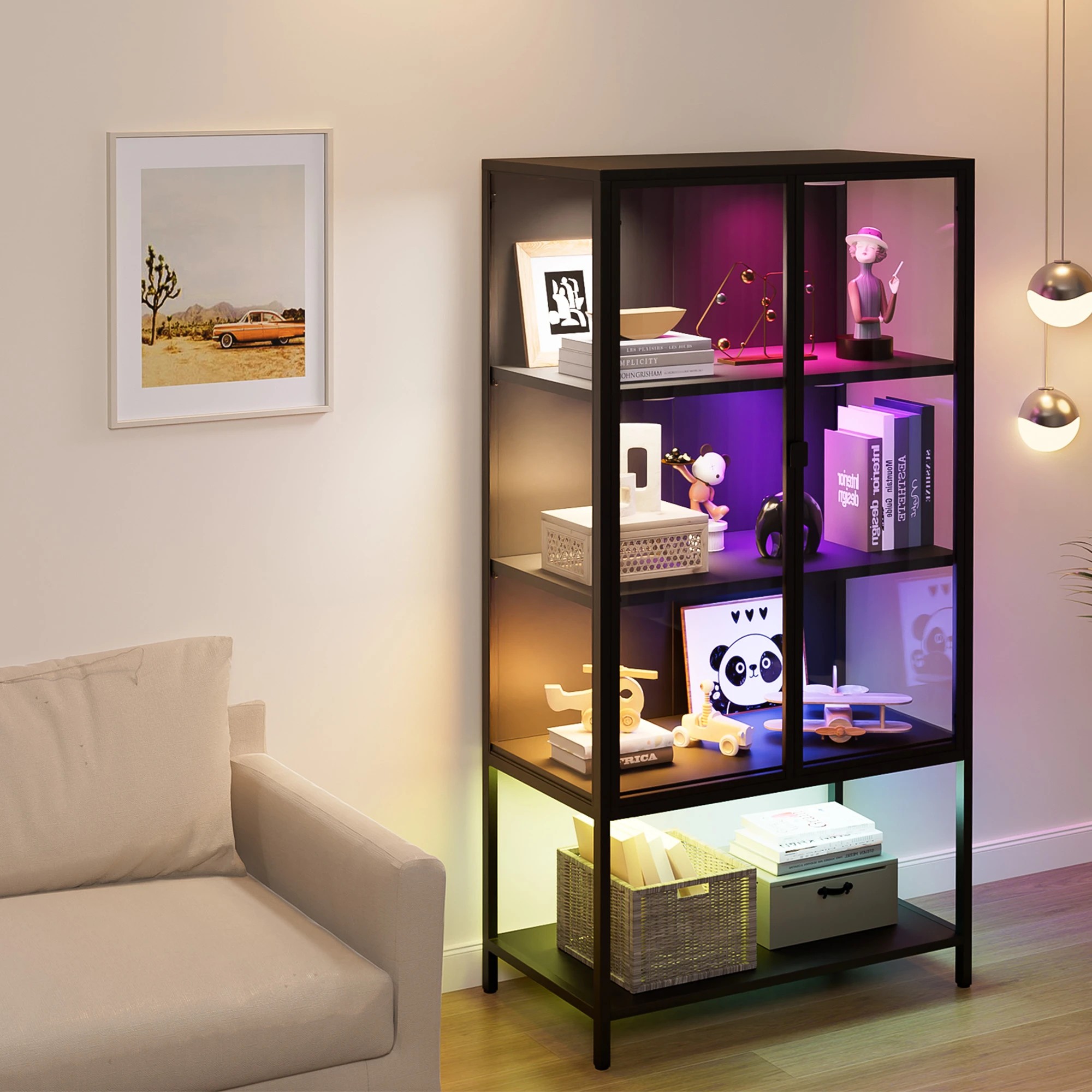 8 Stacked Tempered Glass Display Cabinet Clear Bookcase Steel Frame With RGB Light, 8 of 9