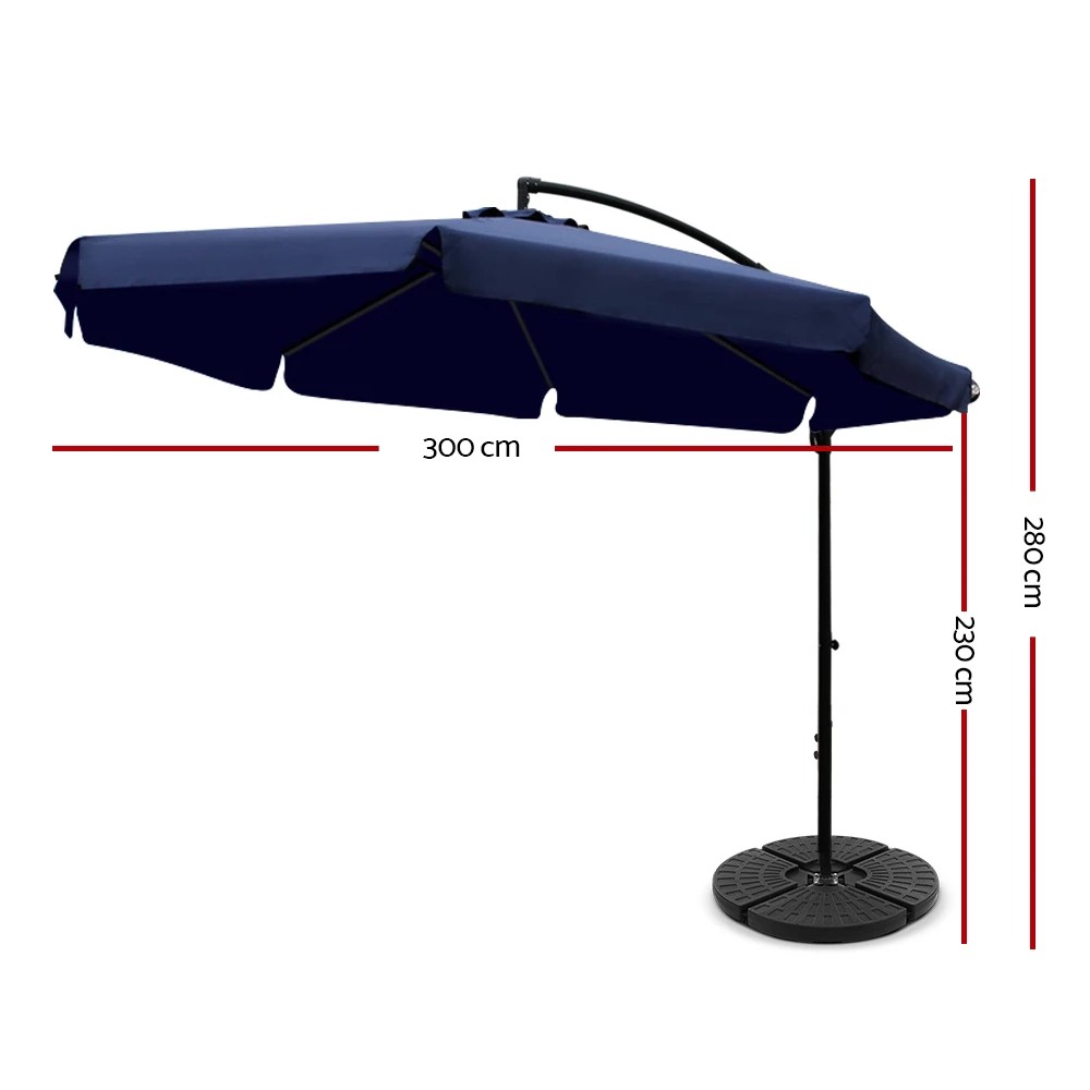 2 Instahut 3m Outdoor Umbrella w/Base Cantilever Garden Patio Beach - Blue, 2 of 6