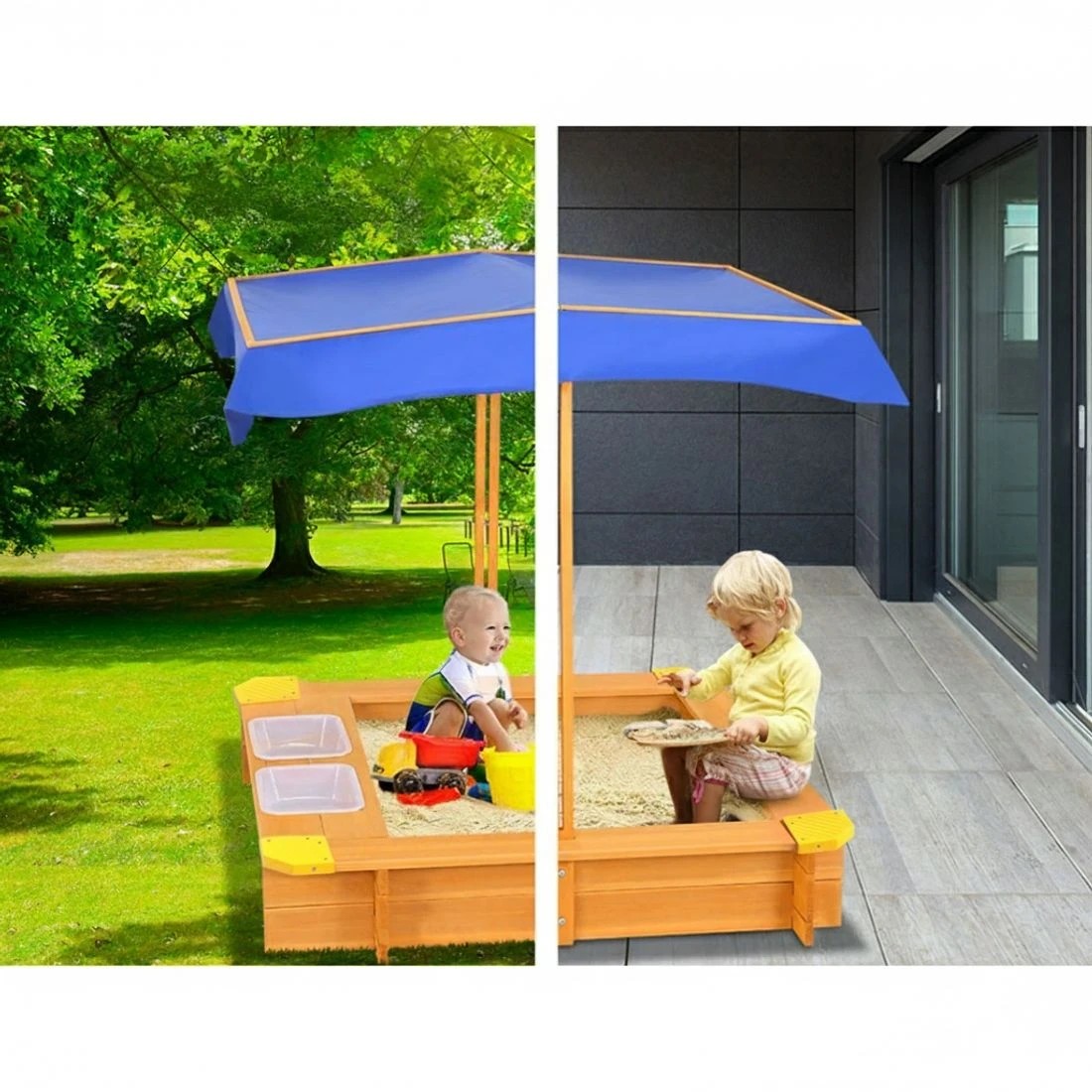 4 Keezi Kids Sandpit Wooden Sandbox Pit with Canopy Water Basin Toys 103cm - Multi, 4 of 6