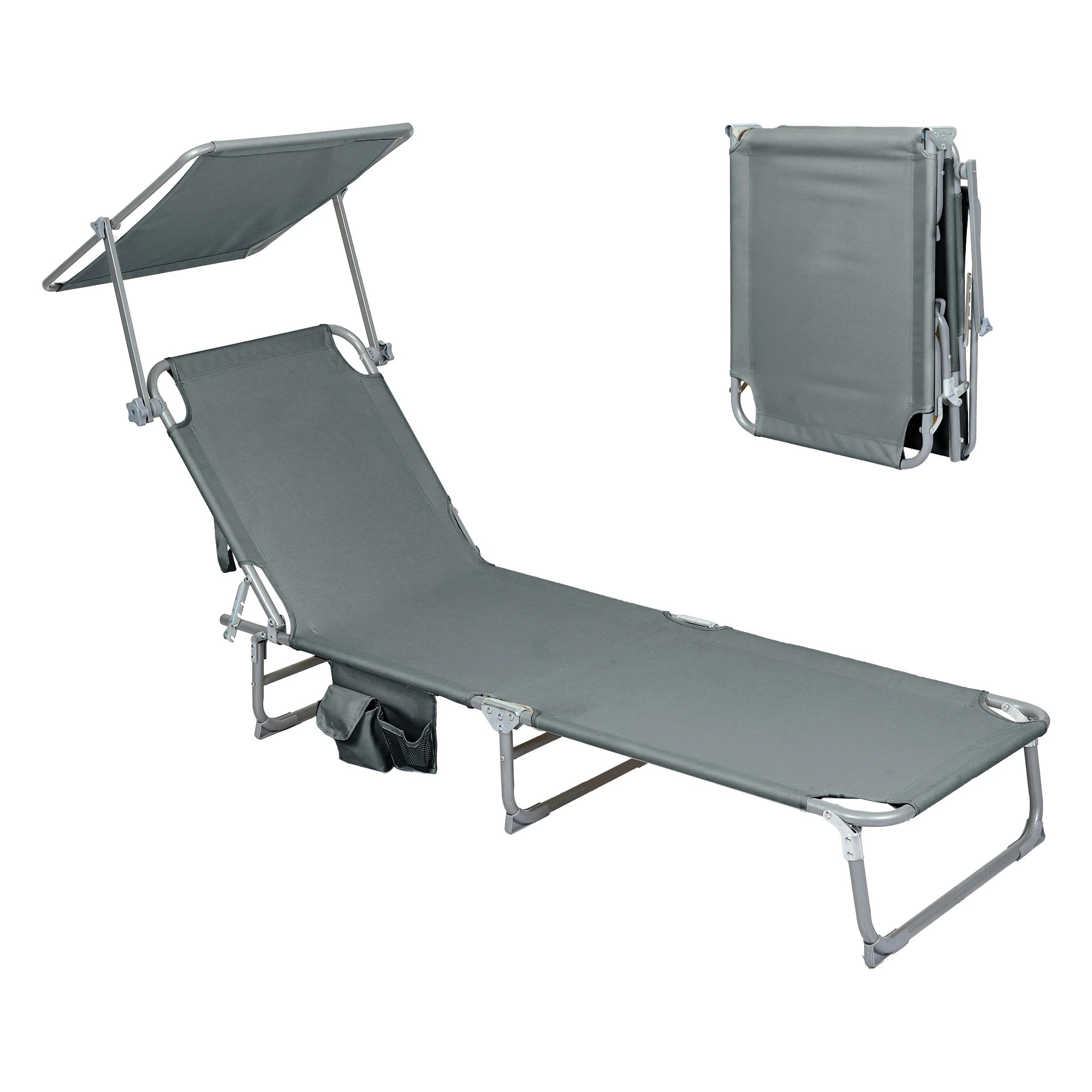 1 Levede Reclining Lounge Folding Sun Beach Chair with Canopy - Grey, 1 of 9