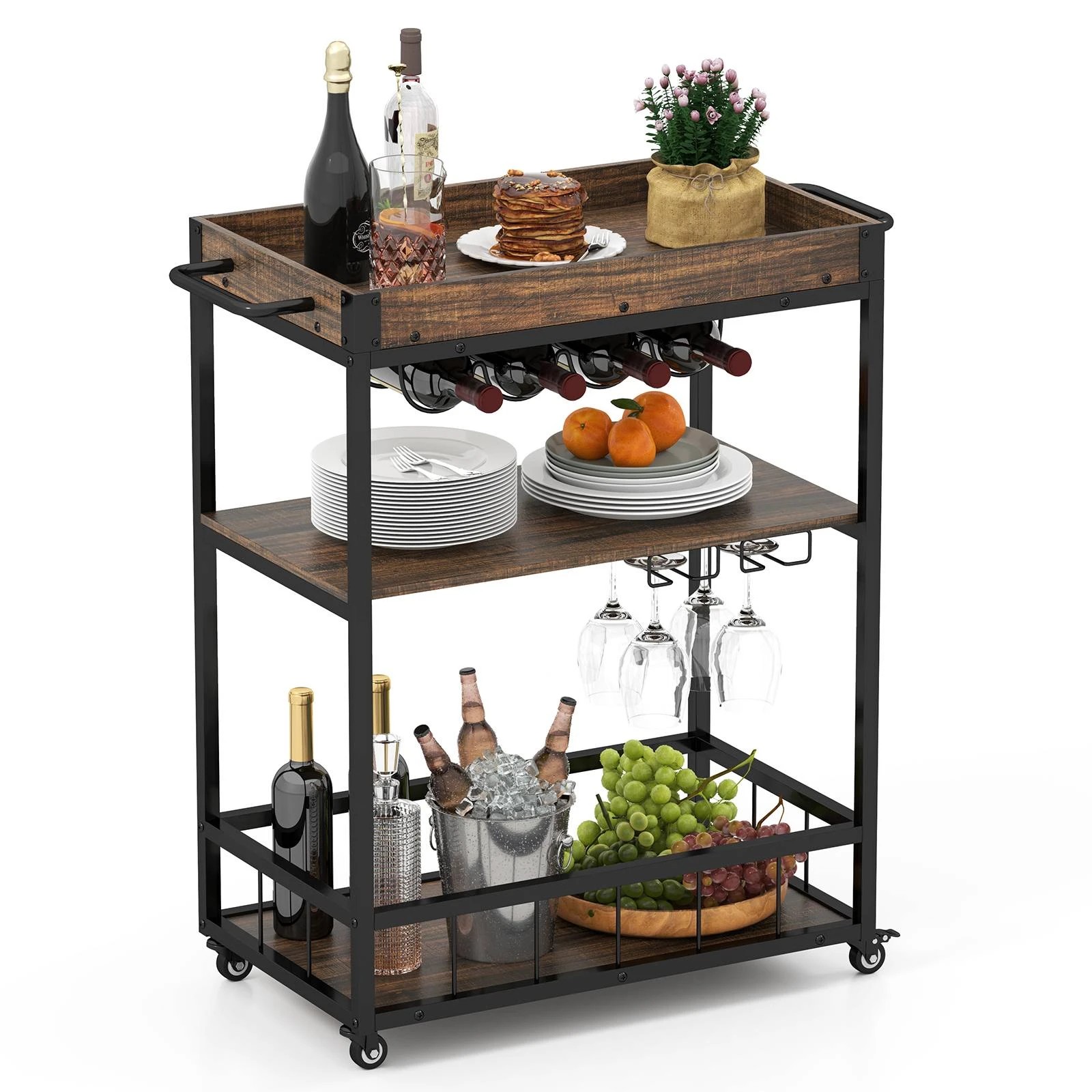 5 Costway 3-Tier Bar Cart w/Glass Holder, 5 of 5