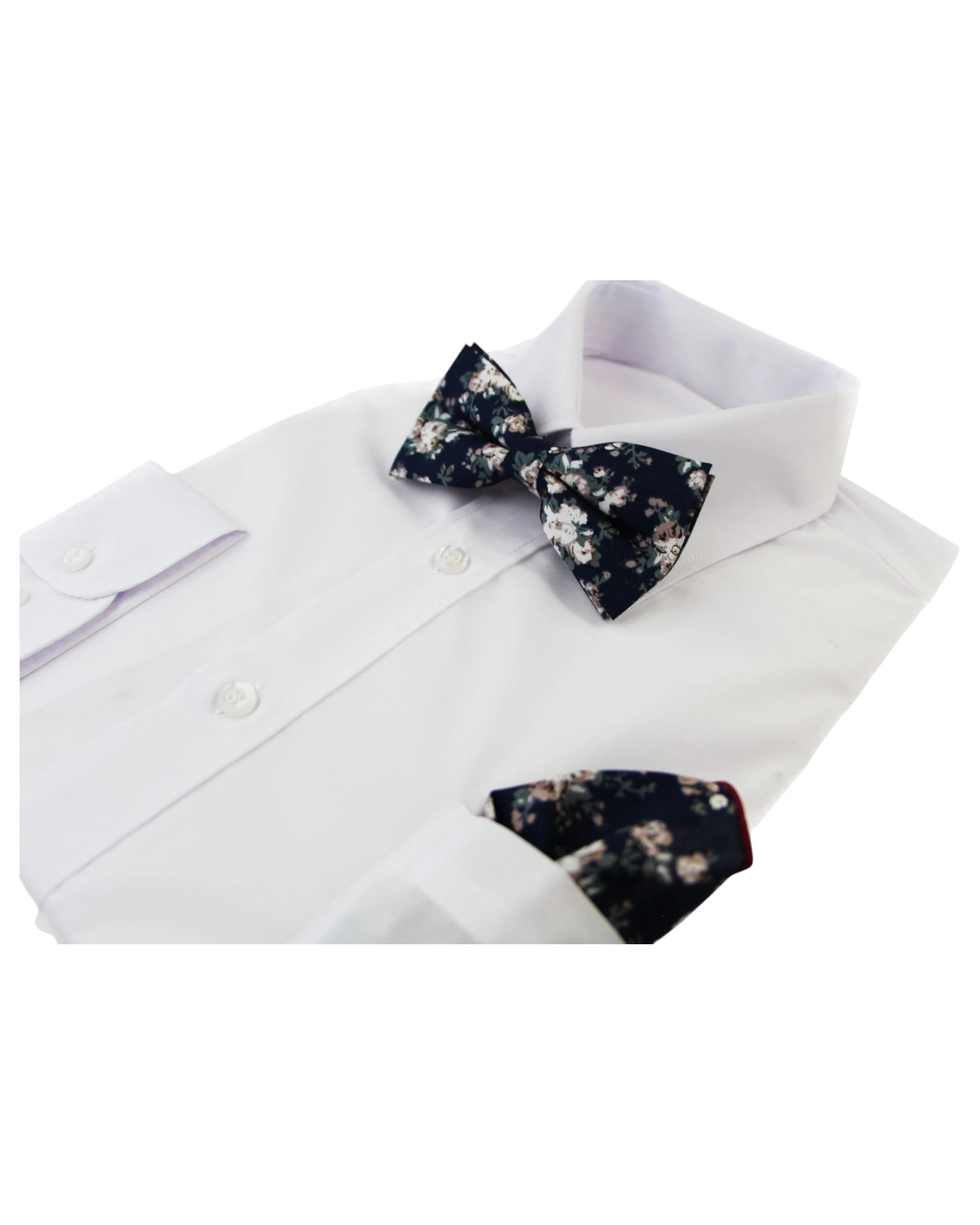 4 Zasel Mens Navy With Cream Flowers Cotton Bow Tie & Pocket Square Set - Multi, 4 of 4