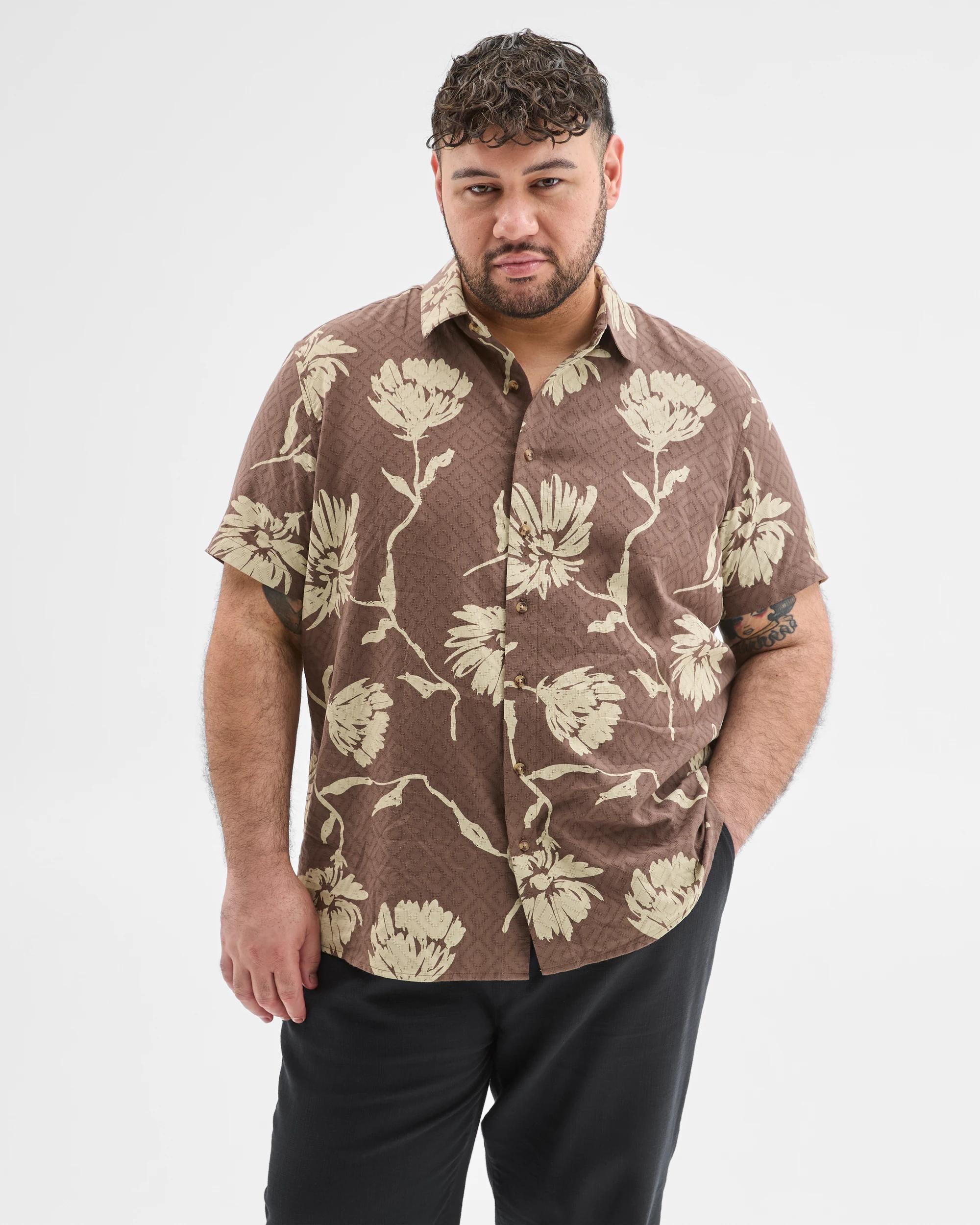 2 Target Man Plus Size Australian Cotton Floral Print Shirt BROWN, 2 of 7