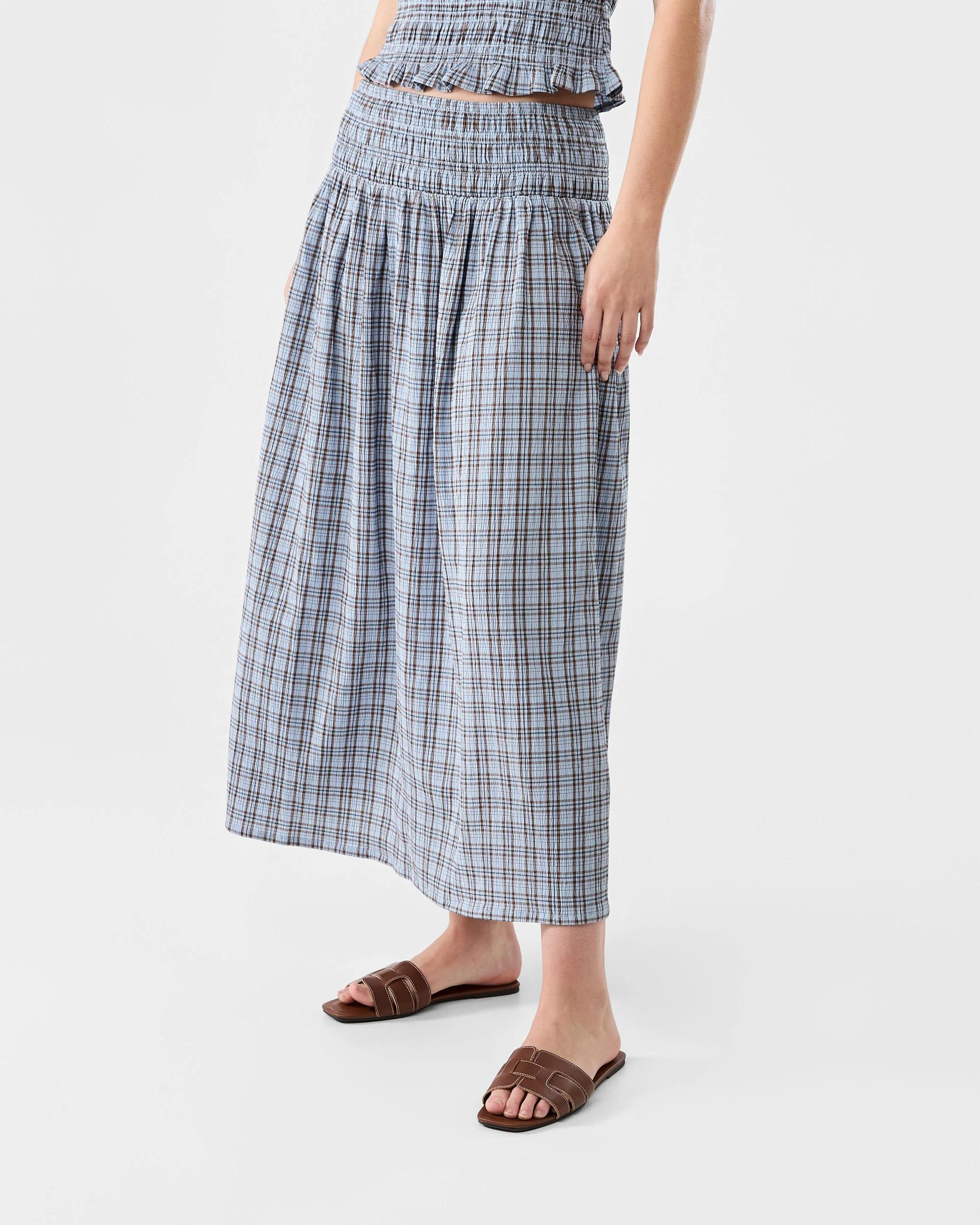 2 Shirred Maxi Skirt Ging Blu, 2 of 5