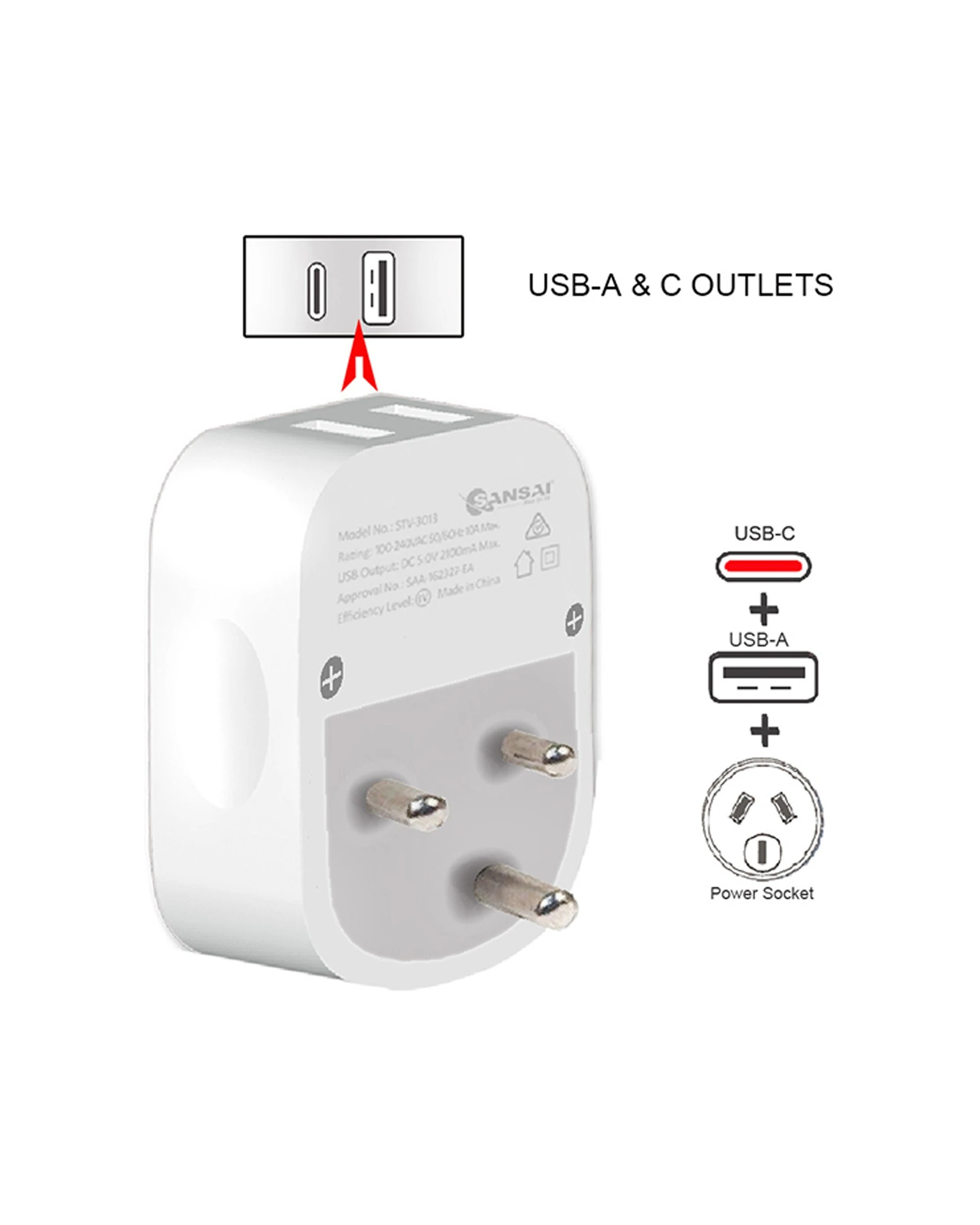 3 Sansai Surge Protected Travel Adapter with USB-C And USB-A Port AU ZA Region - White, 3 of 3