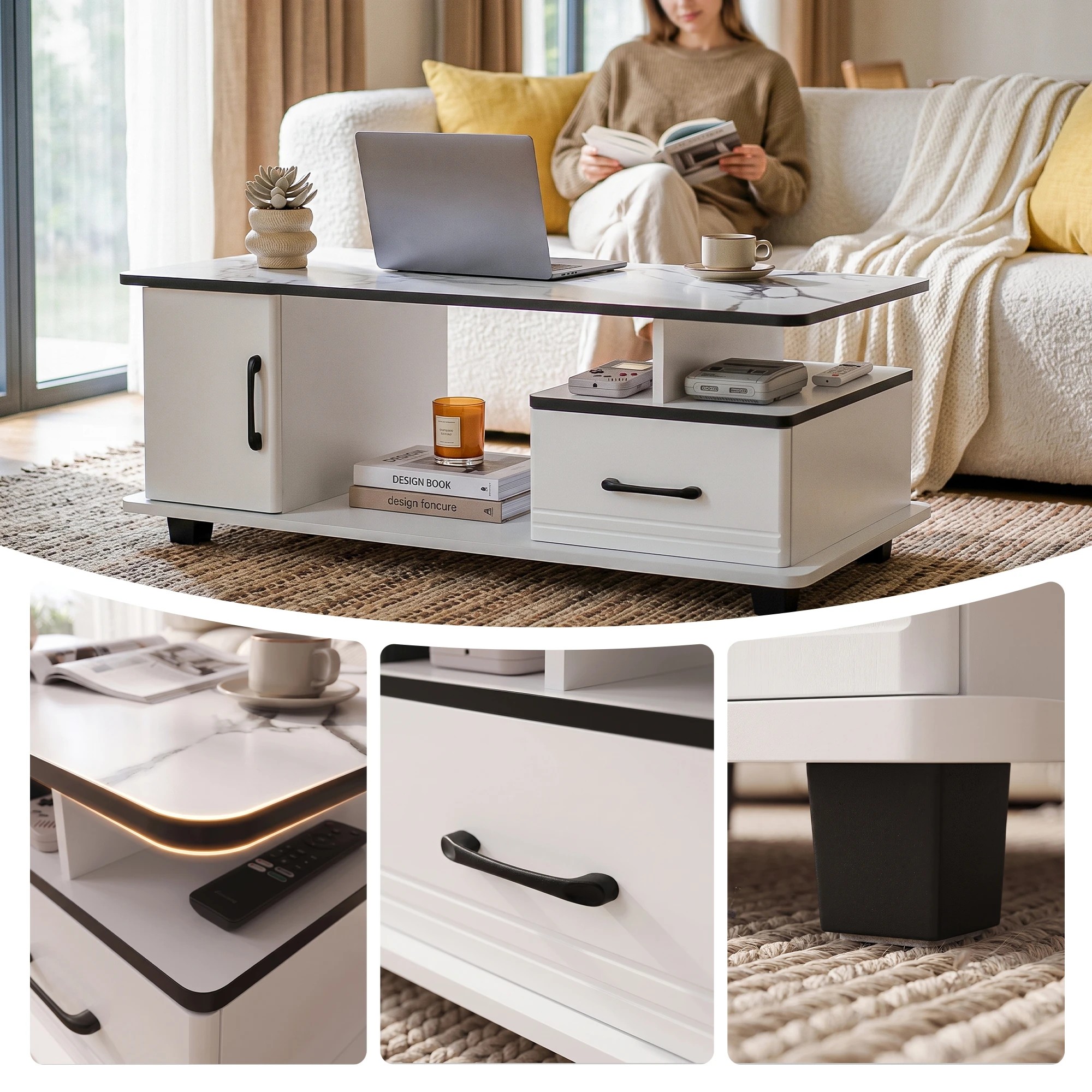 7 Artiss Table Marble Finish Center Table with Storage Drawer Cabinet Wood - White, 7 of 7