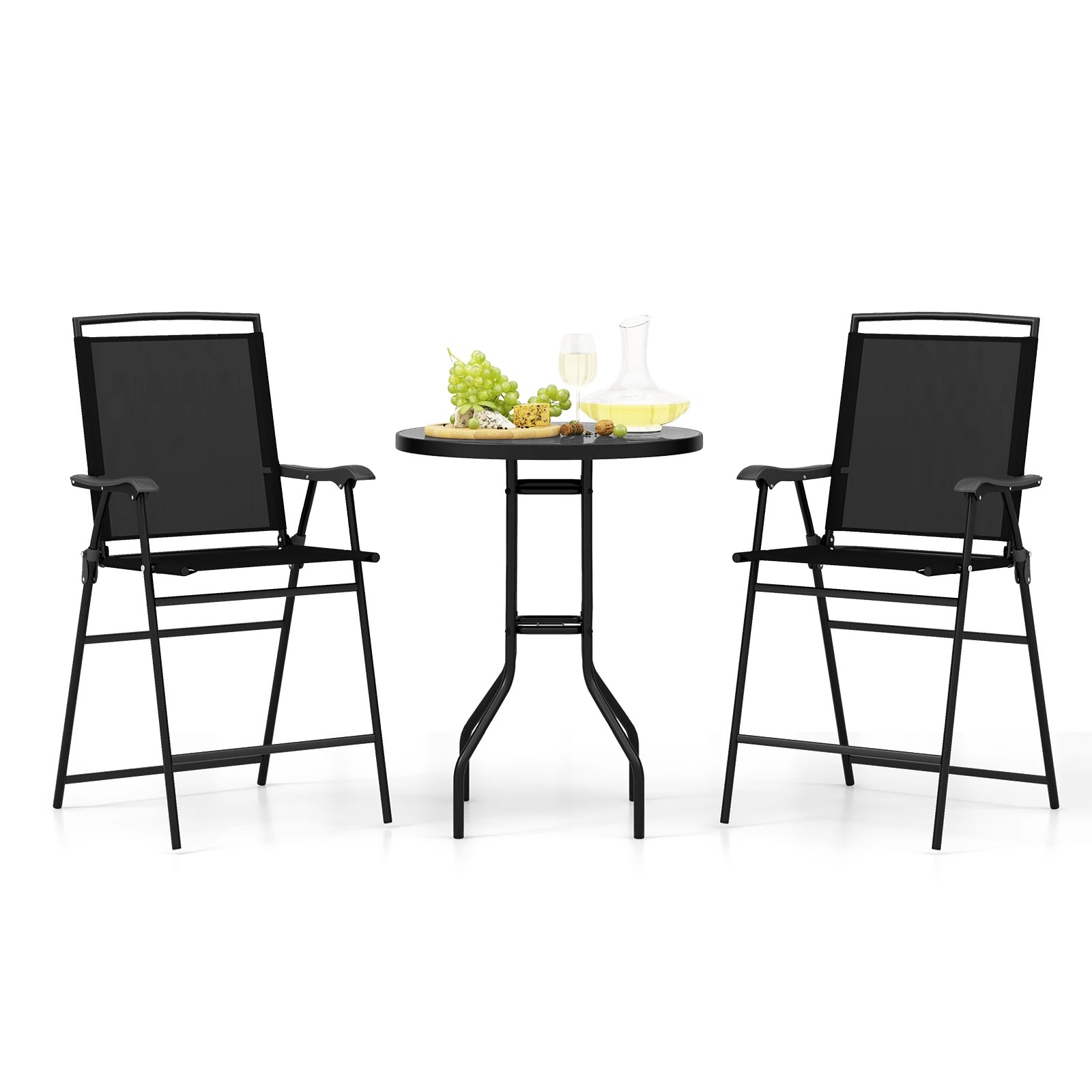 2 Costway 3PCS Outdoor Bar Stool Set w/Umbrella Hole Folding Counter Height Chairs - Black, 2 of 2