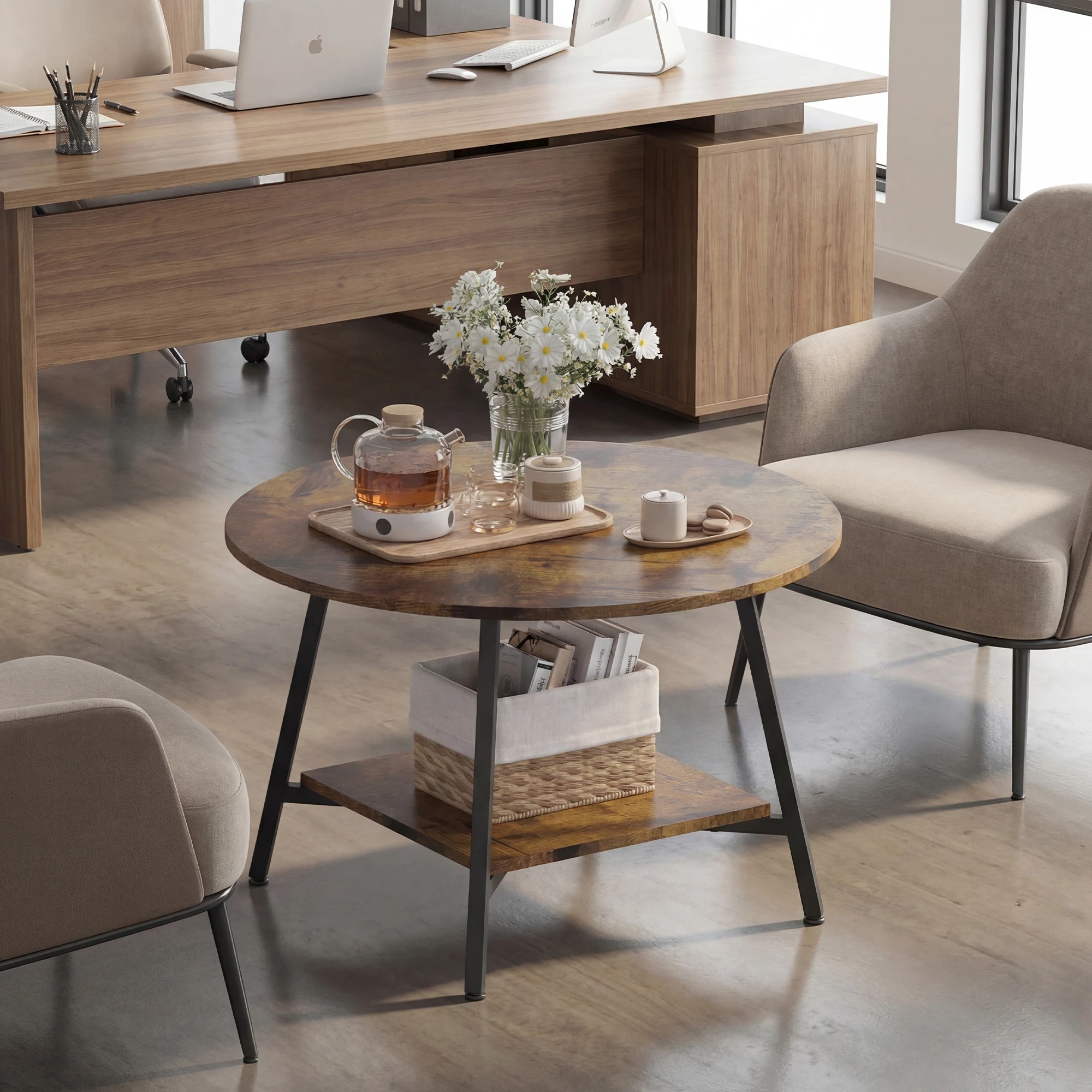 3 Advwin 73cm Round Coffee Table w/ Open Shelf - Brown, 3 of 9