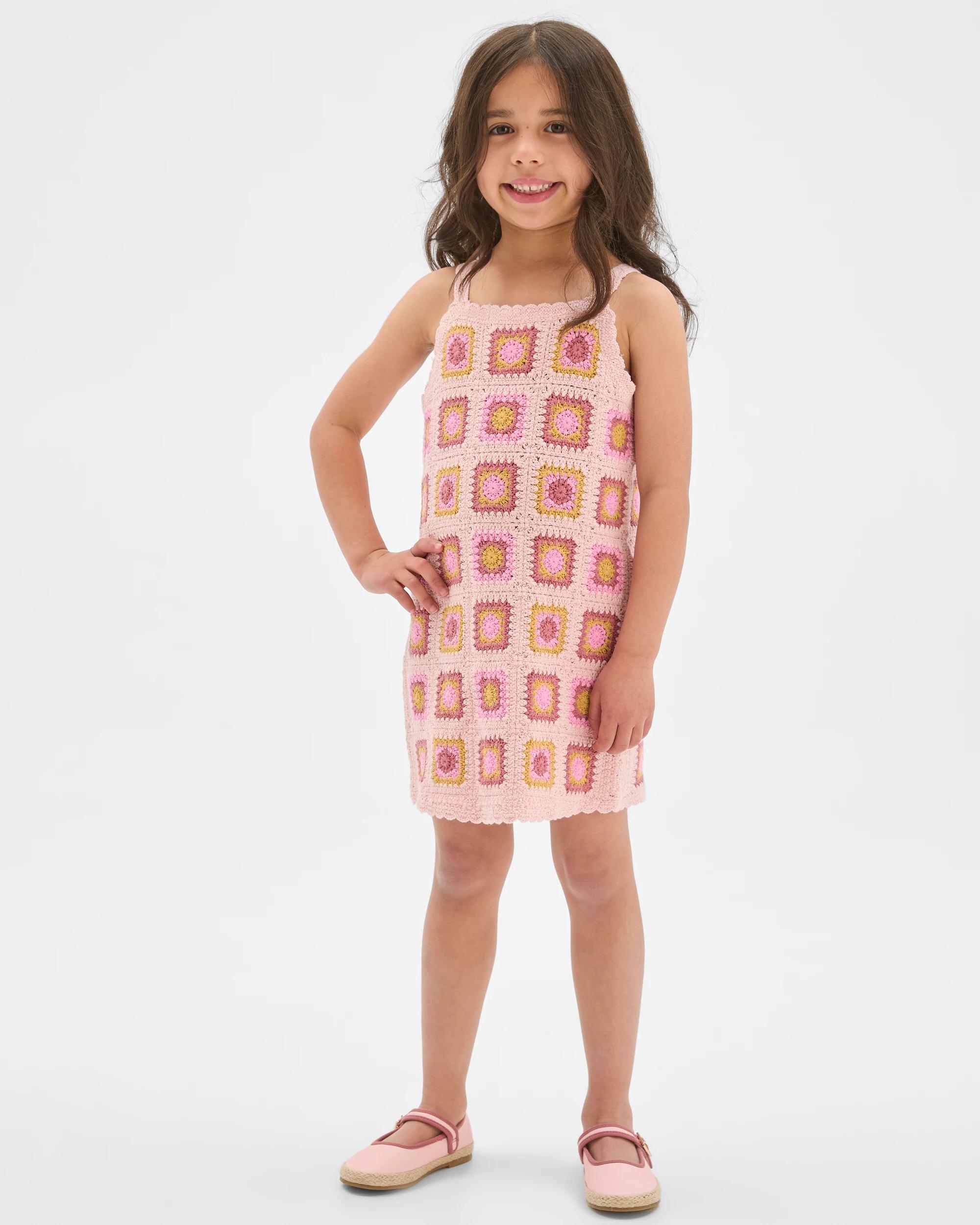 1 Target Kids Australian Cotton Blend Crochet Knit Dress TILE AOP PINK, 1 of 5