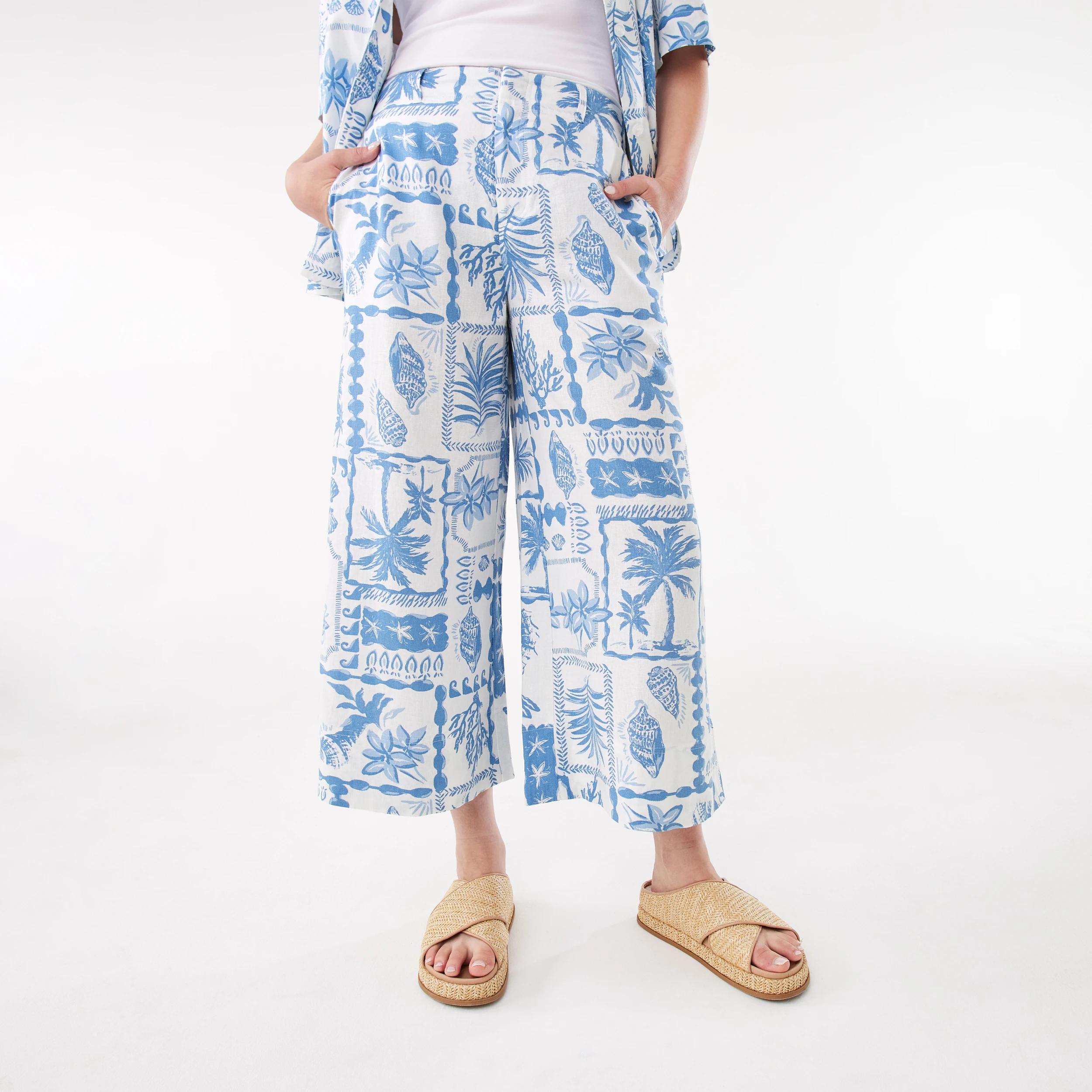 1 Printed Linen Blend Pants Pcard Blue, 1 of 6